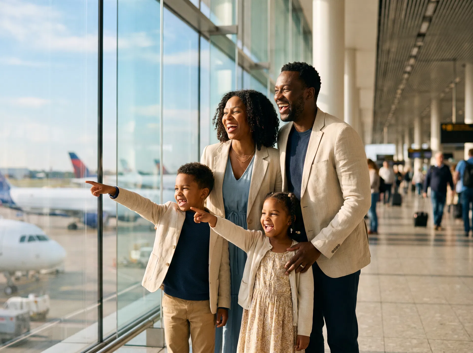 Famille heureuse à l'aéroport