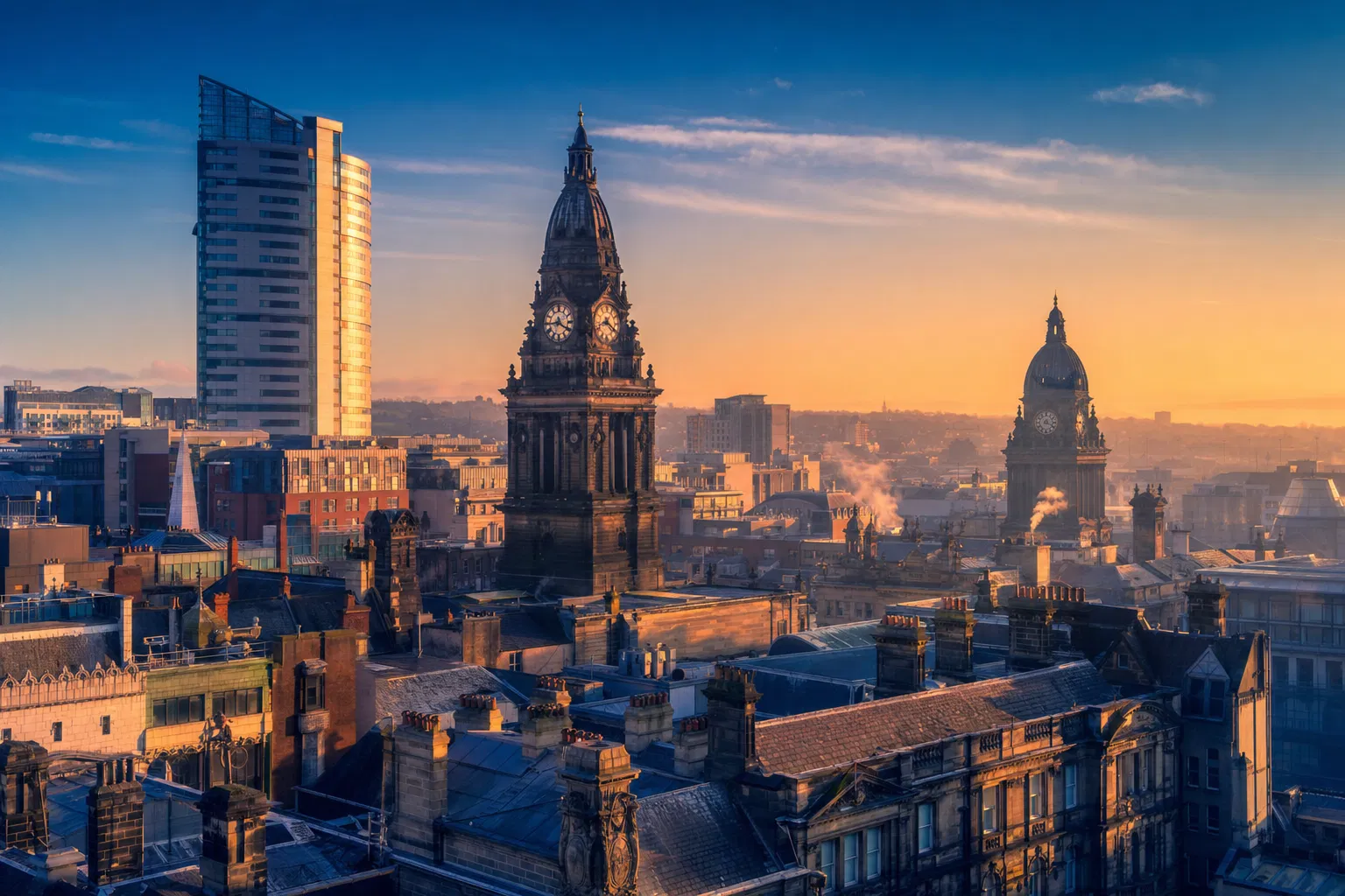 Leeds skyline at golden hour — Clean Aura Collective service area