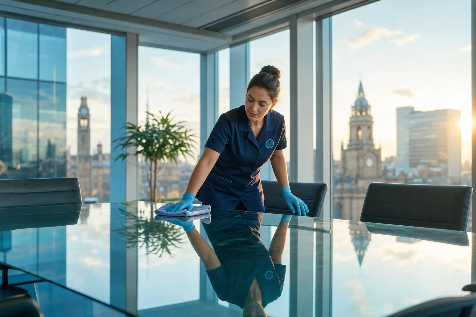 Professional commercial cleaner servicing a modern Leeds office