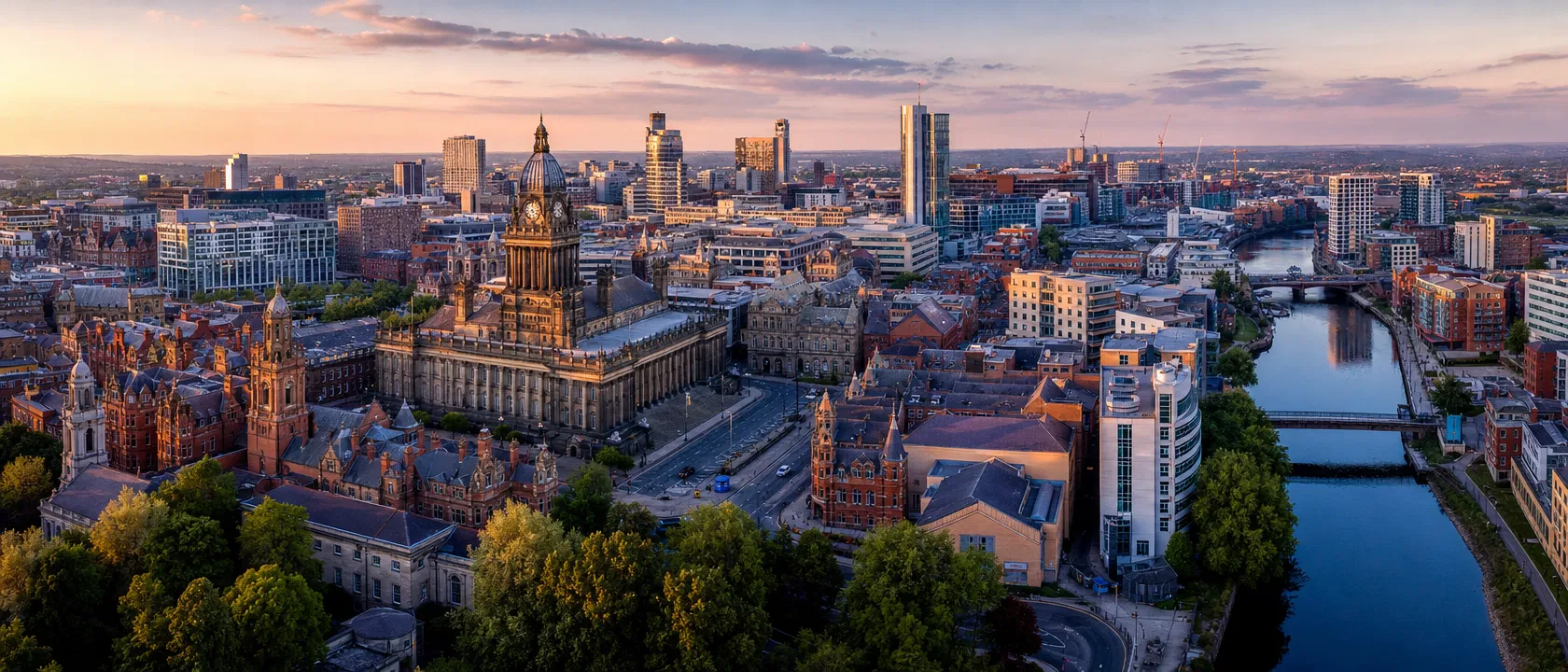 Golden hour view of Leeds city centre, West Yorkshire