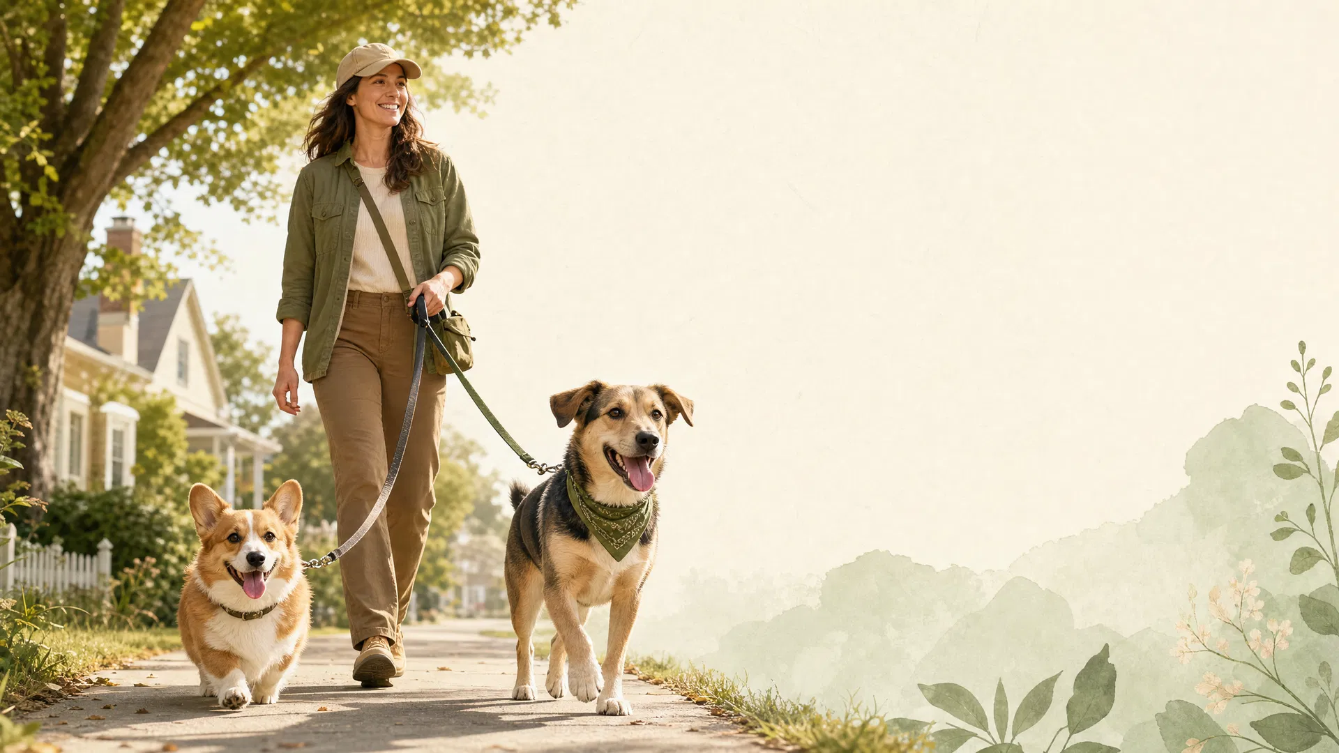 Dog walker walking two happy dogs in a sunny neighborhood