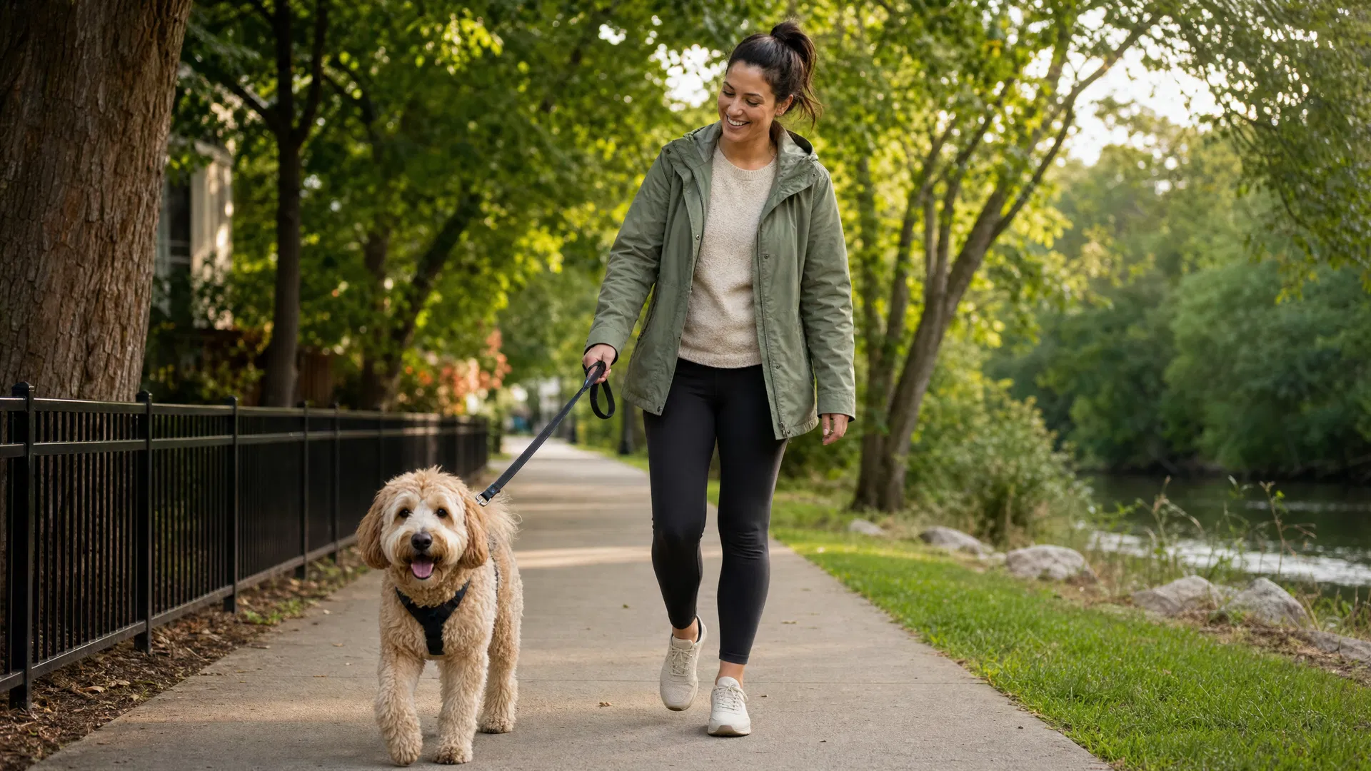 Dog walker walking a happy dog in a Des Plaines, Illinois neighborhood