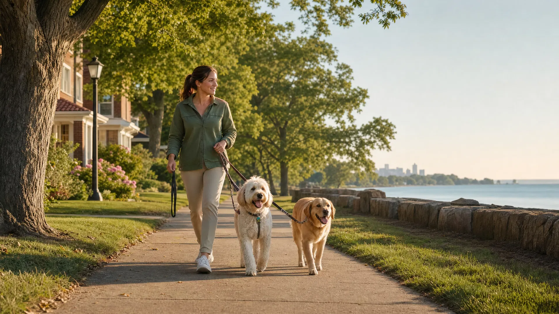 Dog walker walking a happy dog in a Evanston, Illinois neighborhood
