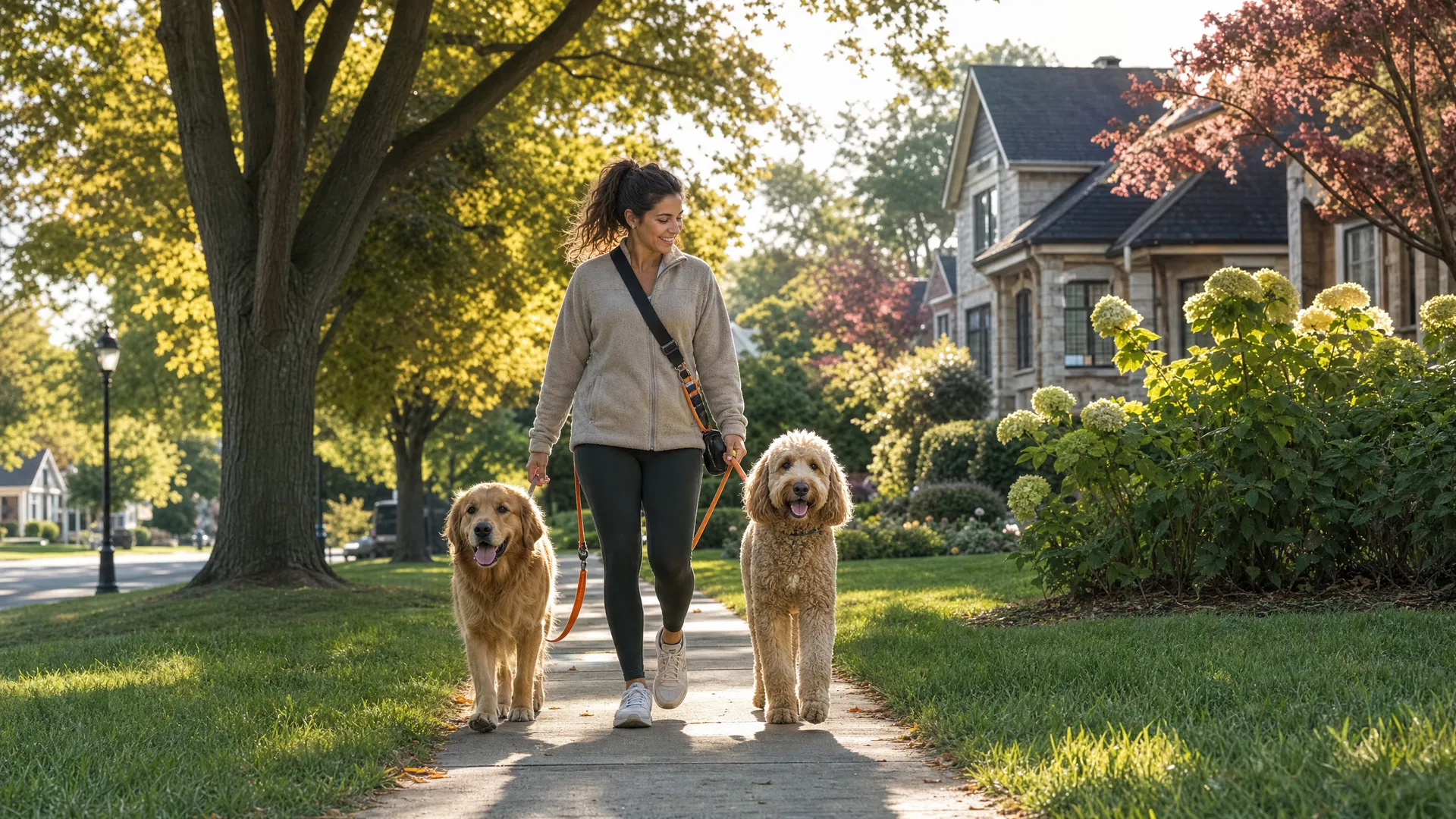 Dog walker walking a happy dog in a Glenview, Illinois neighborhood