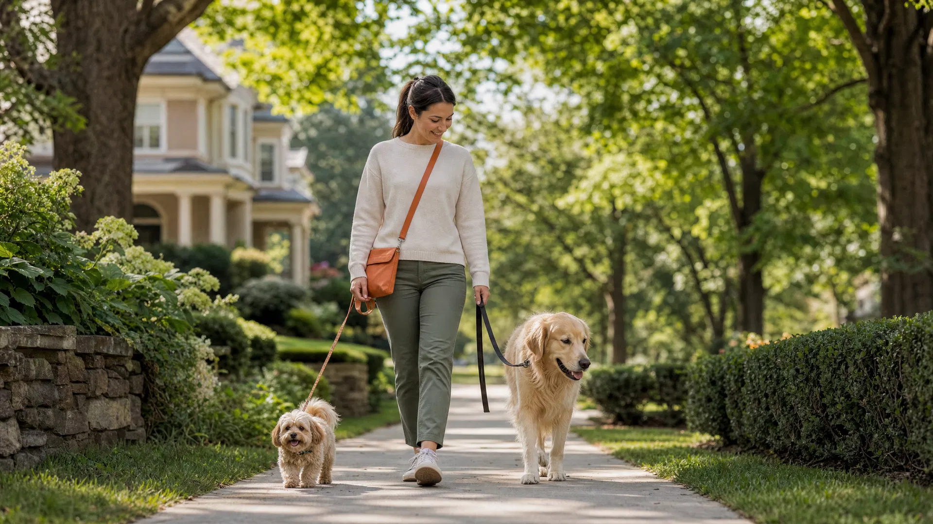 Dog walker walking a happy dog in a Kenilworth, Illinois neighborhood