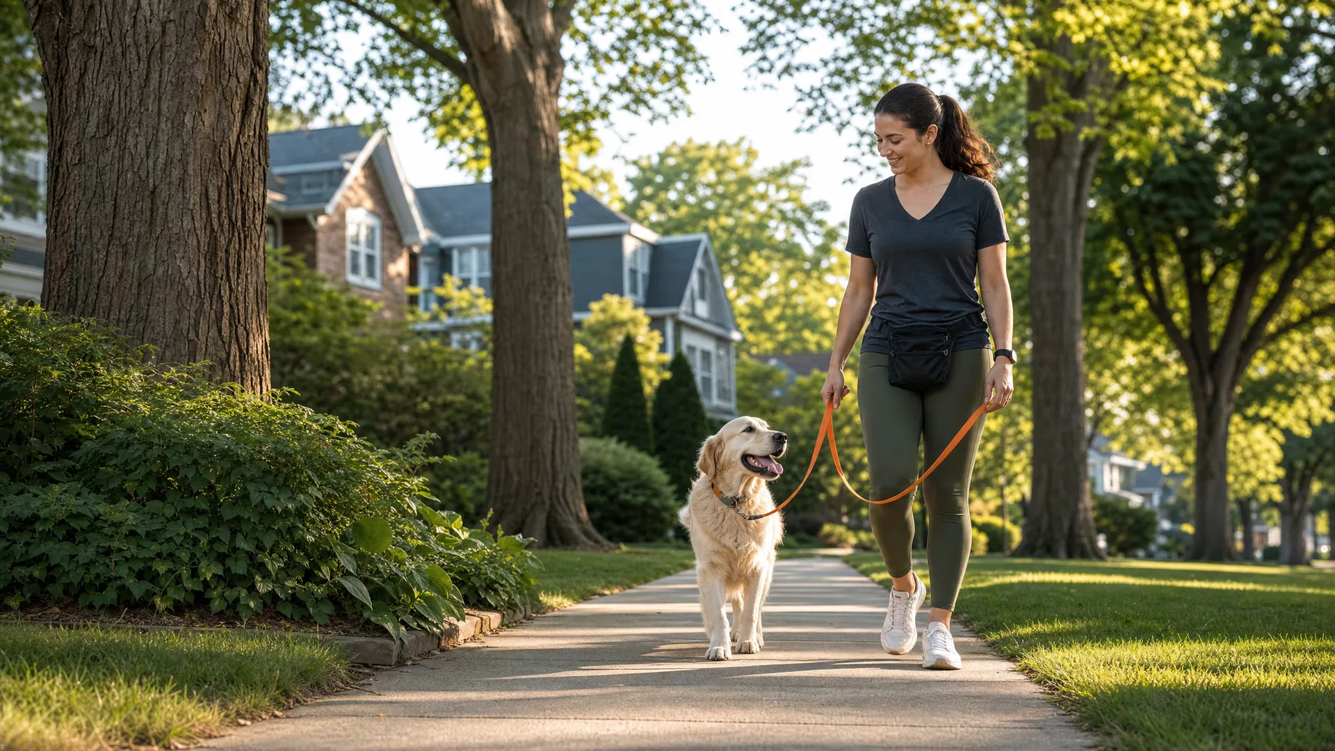 Dog walker walking a happy dog in a Morton Grove, Illinois neighborhood