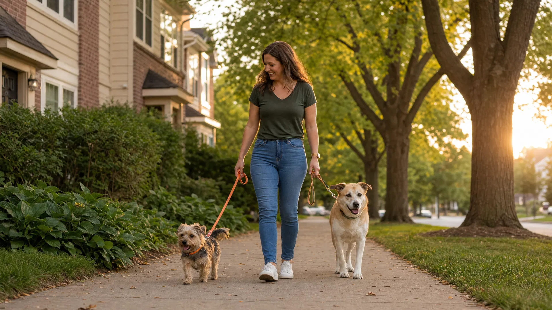Dog walker walking a happy dog in a Niles, Illinois neighborhood