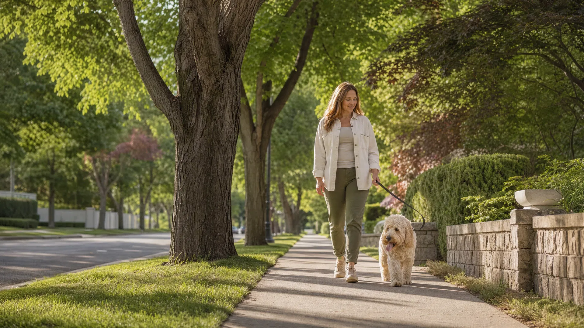 Dog walker walking a happy dog in a Northfield, Illinois neighborhood