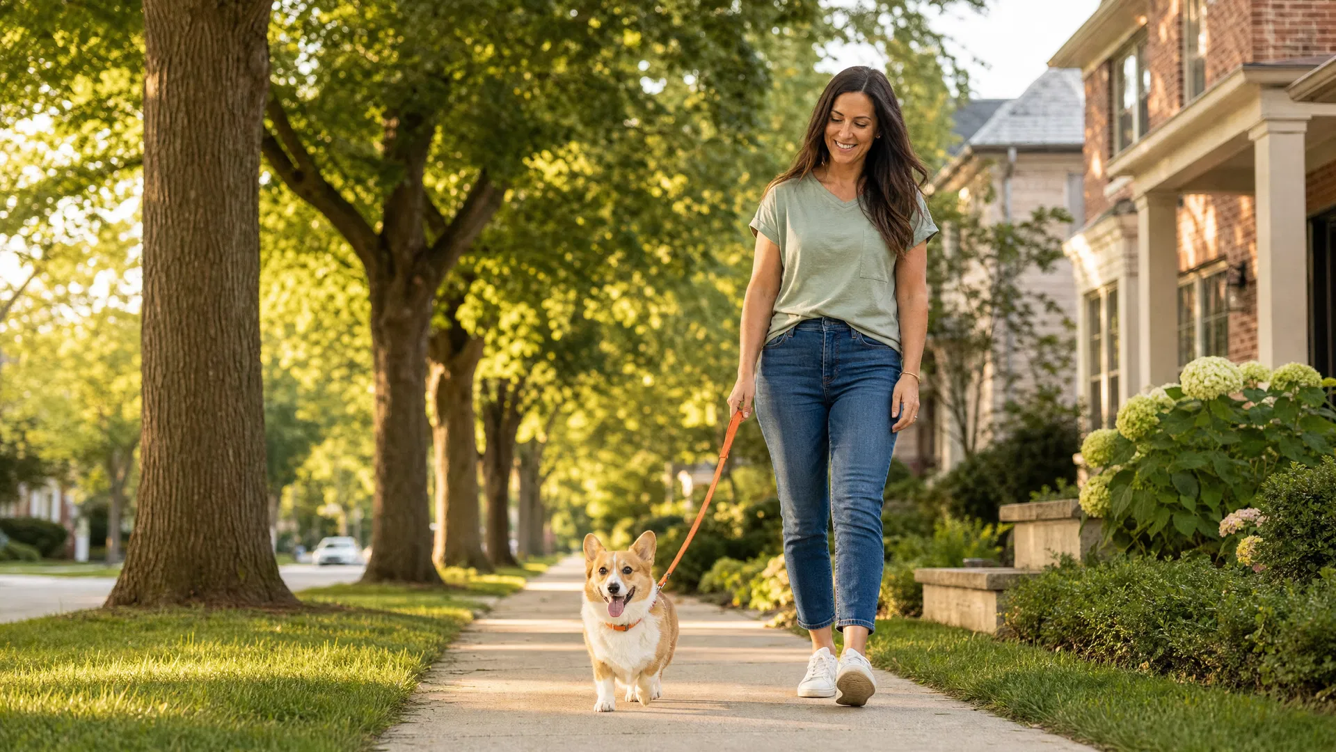 Dog walker walking a happy dog in a Park Ridge, Illinois neighborhood