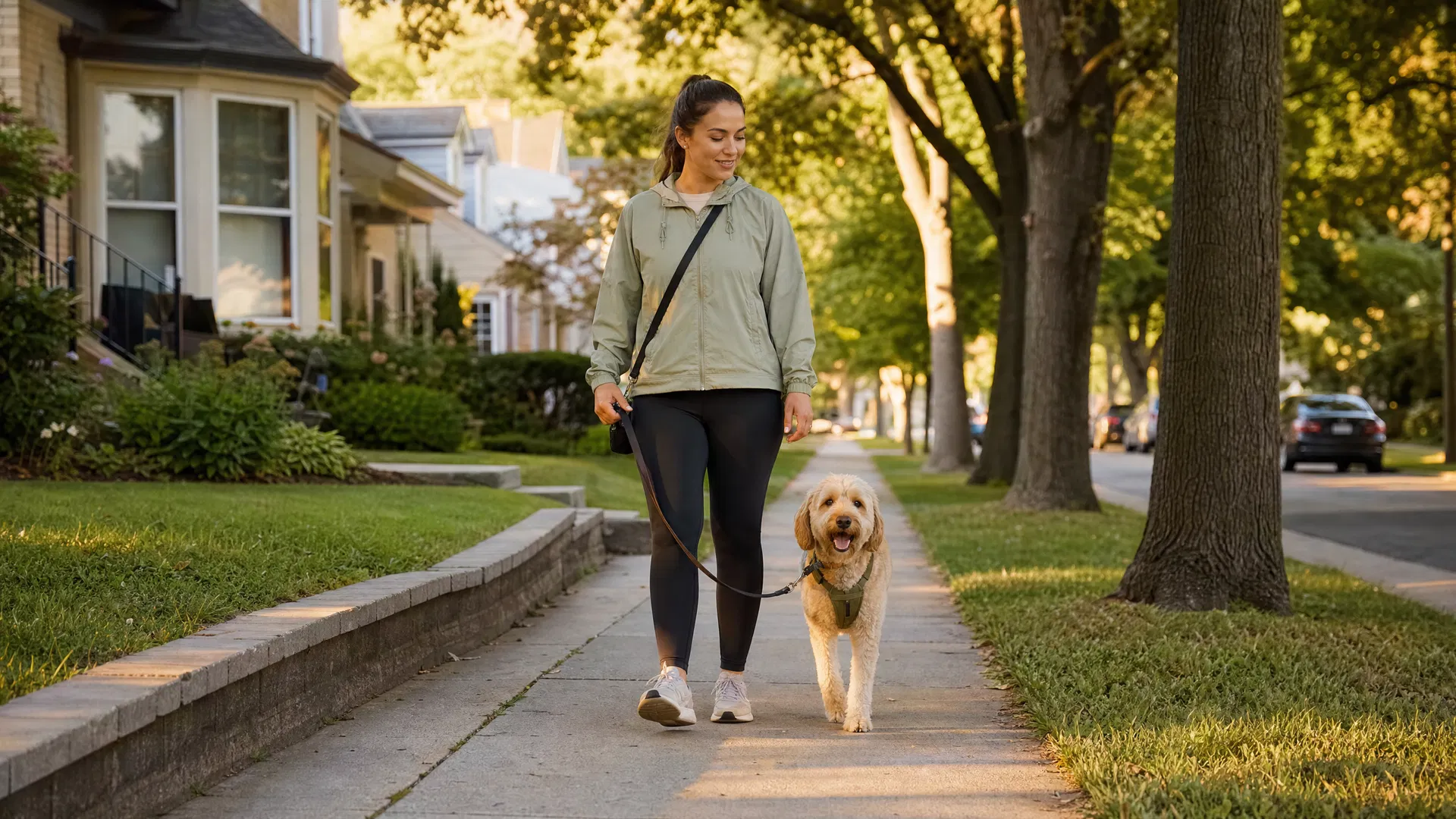 Dog walker walking a happy dog in a Skokie, Illinois neighborhood