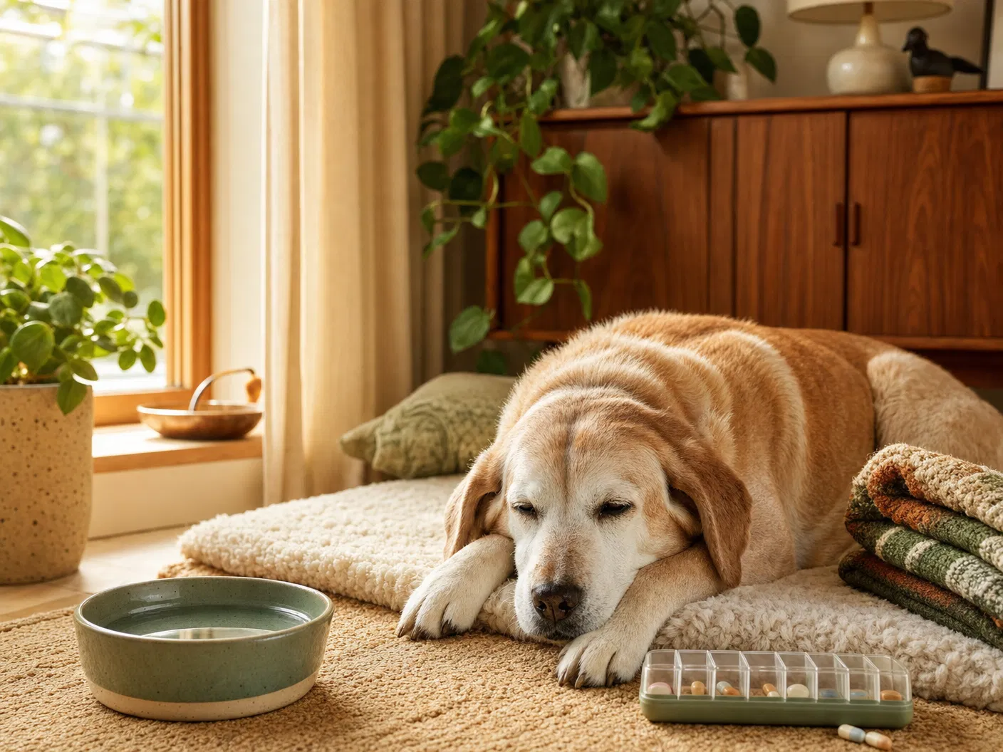 Cozy senior dog resting during overnight care