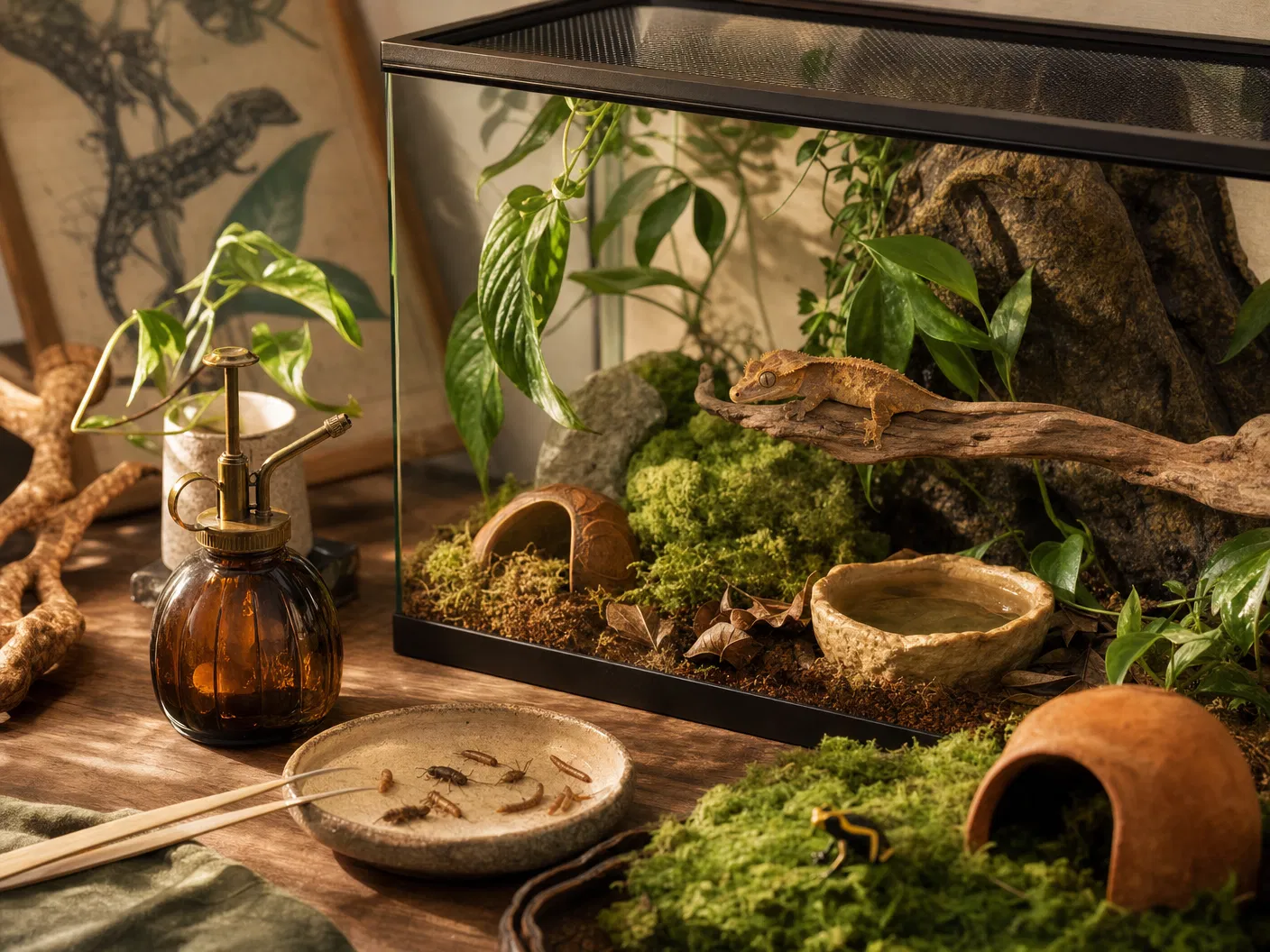 Clean reptile enclosure with gecko and habitat care supplies