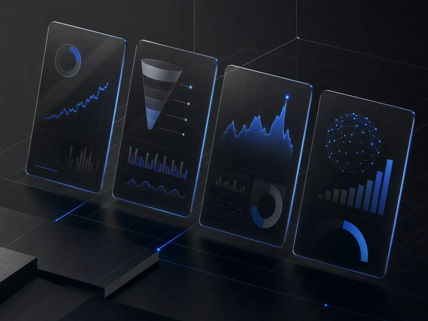 Abstract dark dashboard showing marketing case study data cards