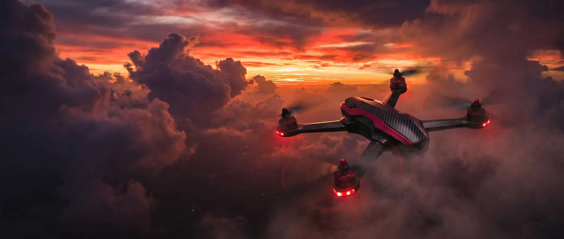 DroneDock premium camera drone flying at sunset - shop 30+ drone models with free shipping