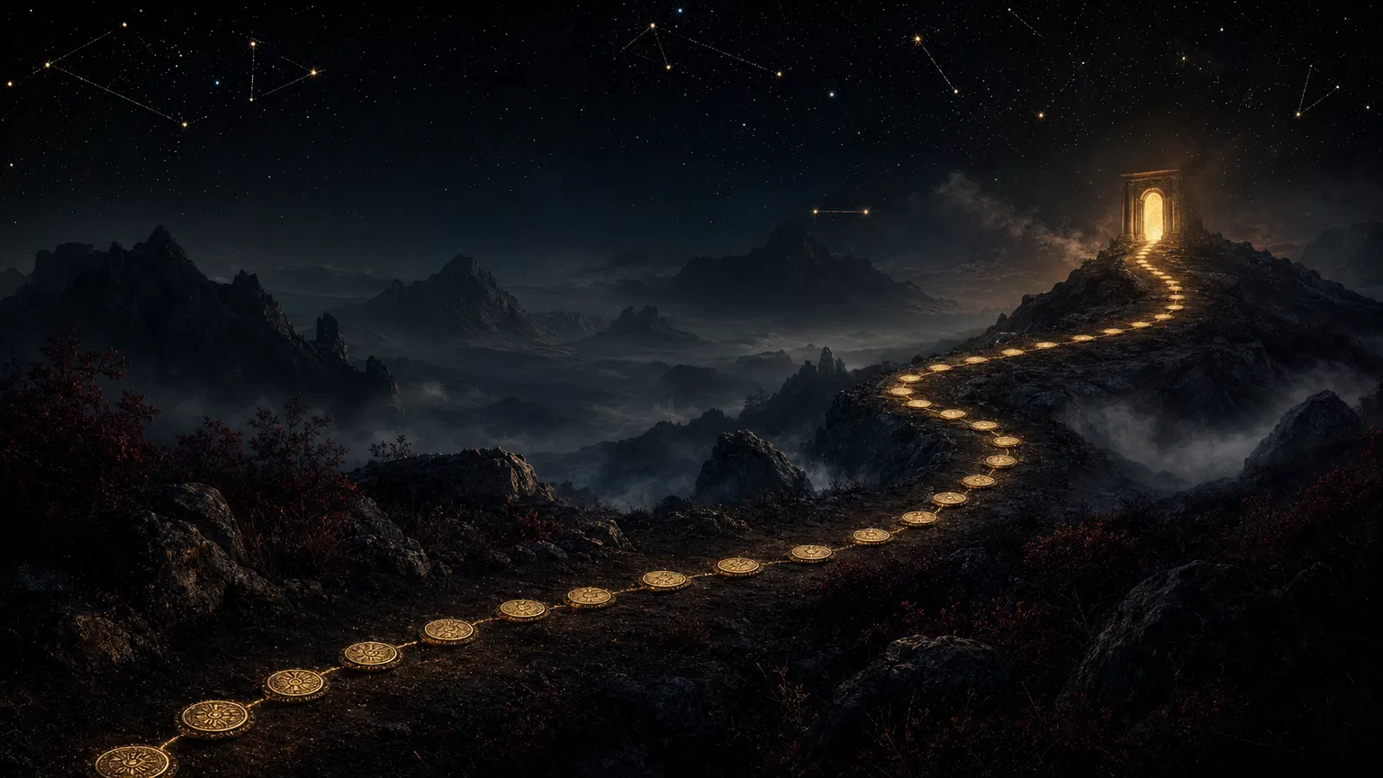 Caminho simbólico com 21 marcadores dourados