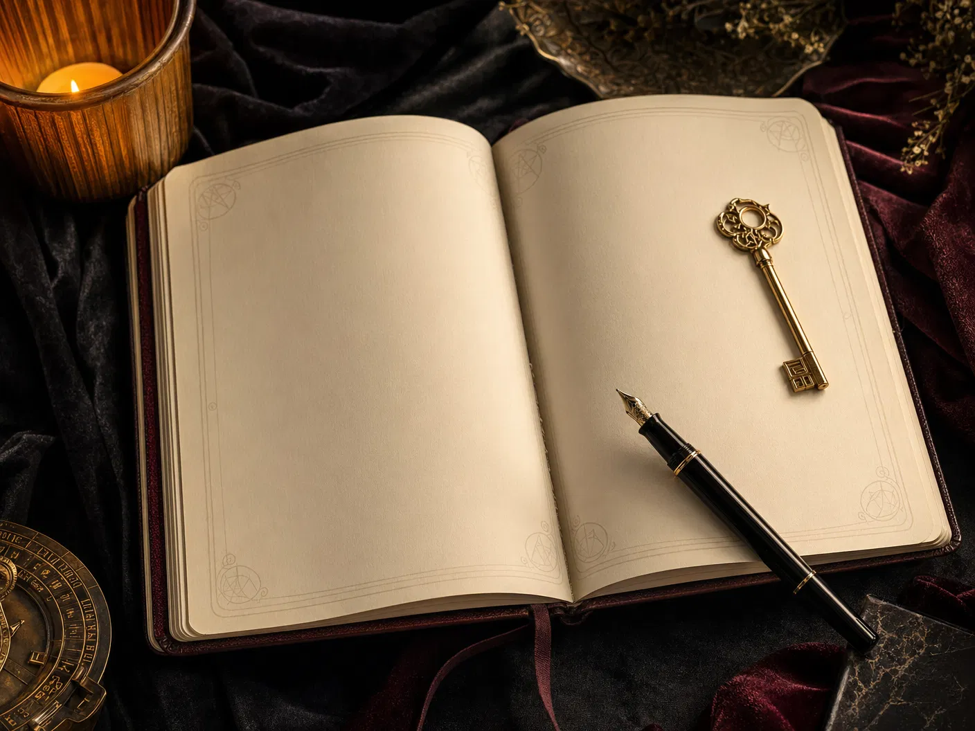 Diário aberto com chave e caneta para exercícios de escrita