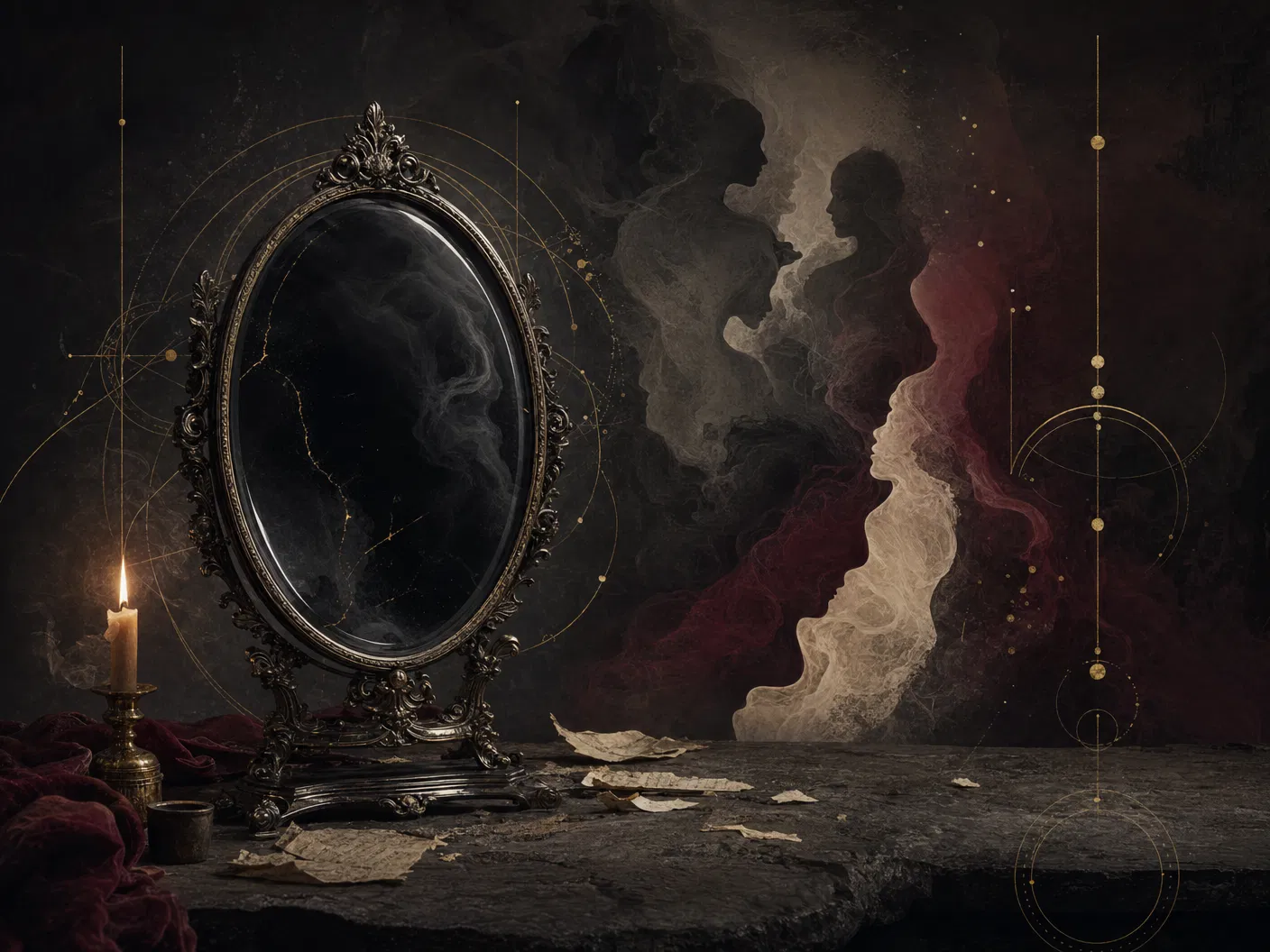 Espelho simbólico da sombra com linhas douradas