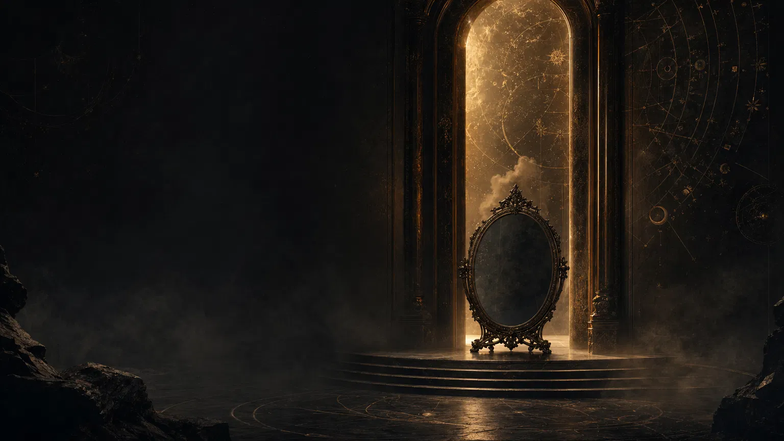 Portal dourado e espelho sombrio representando a travessia interior