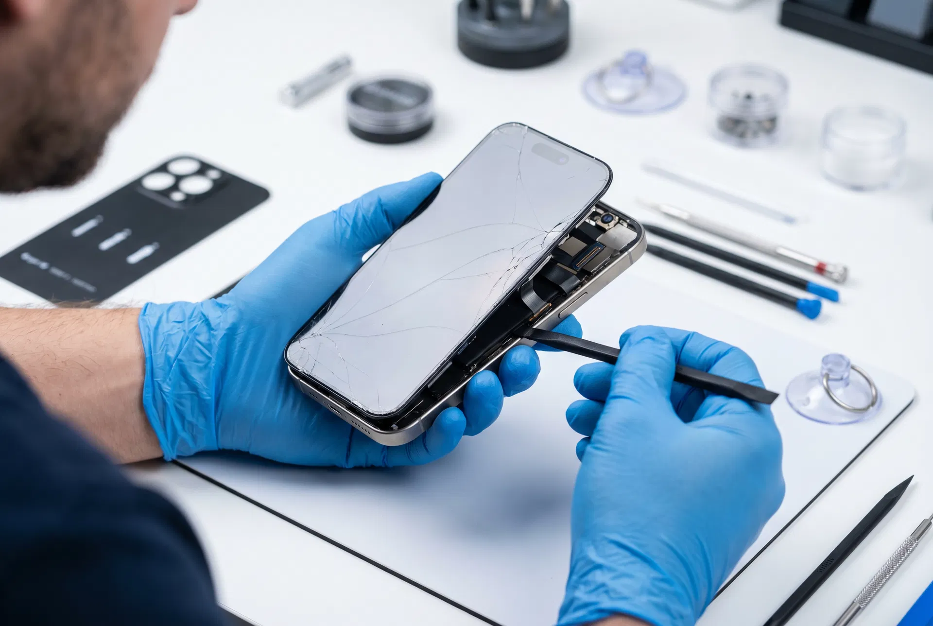 Professional iPhone repair technician at work