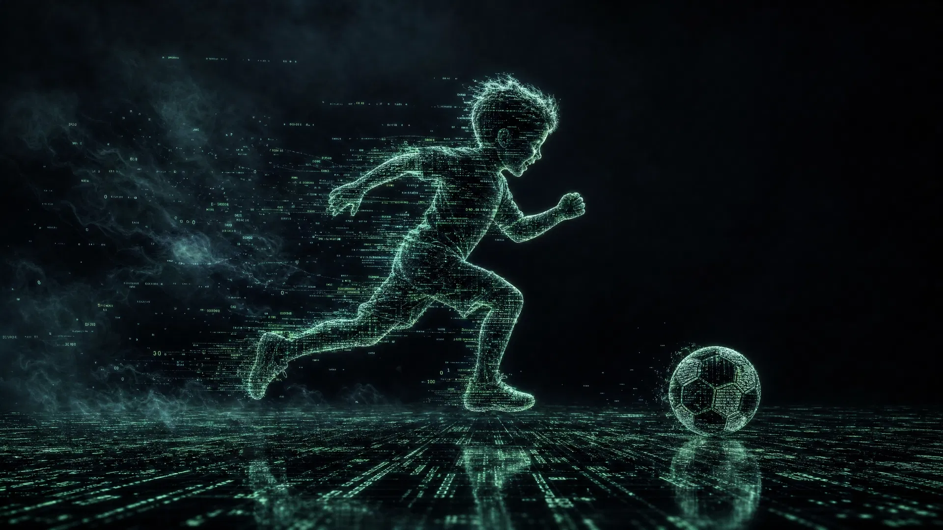 Code-silhouette child chasing a soccer ball