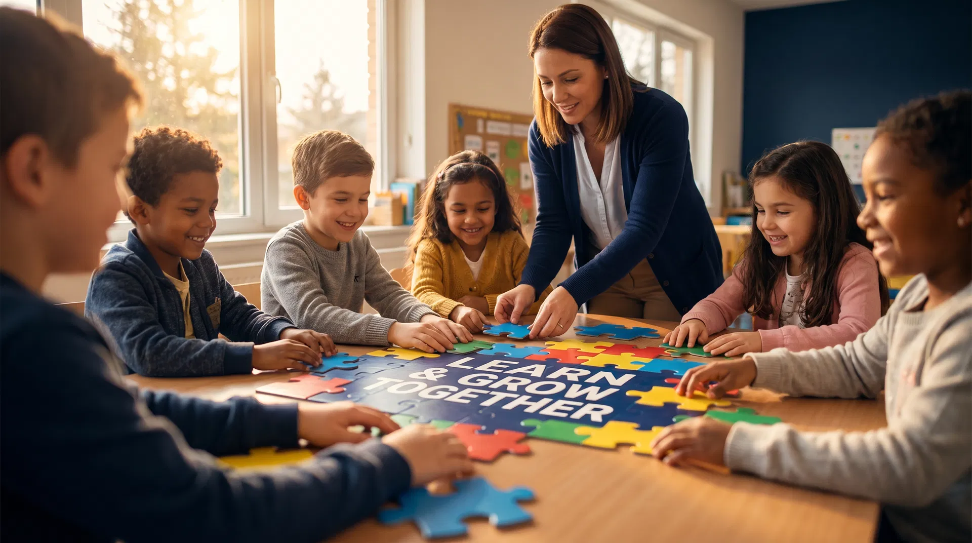 Children learning with puzzle pieces