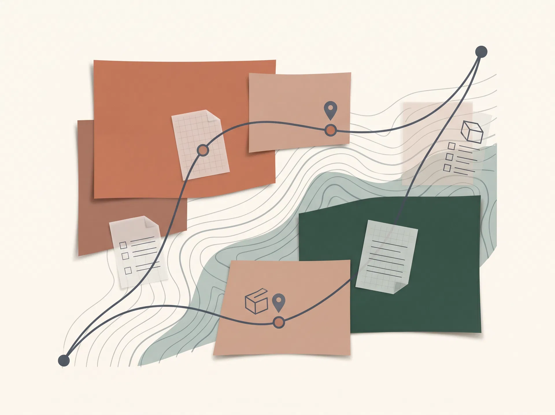 Abstract career planning roadmap with paper cards and path markers