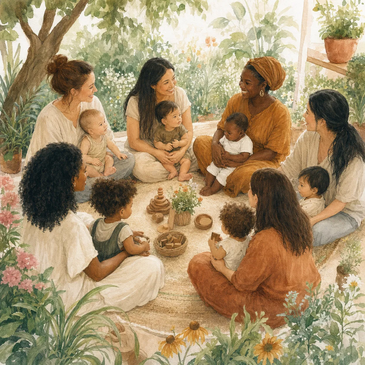 Diverse community of mums and babies together in a garden