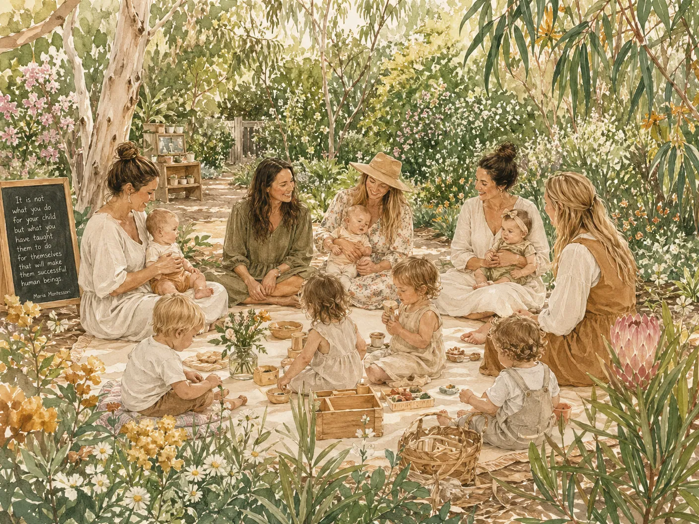 Mothers and babies gathering in a garden