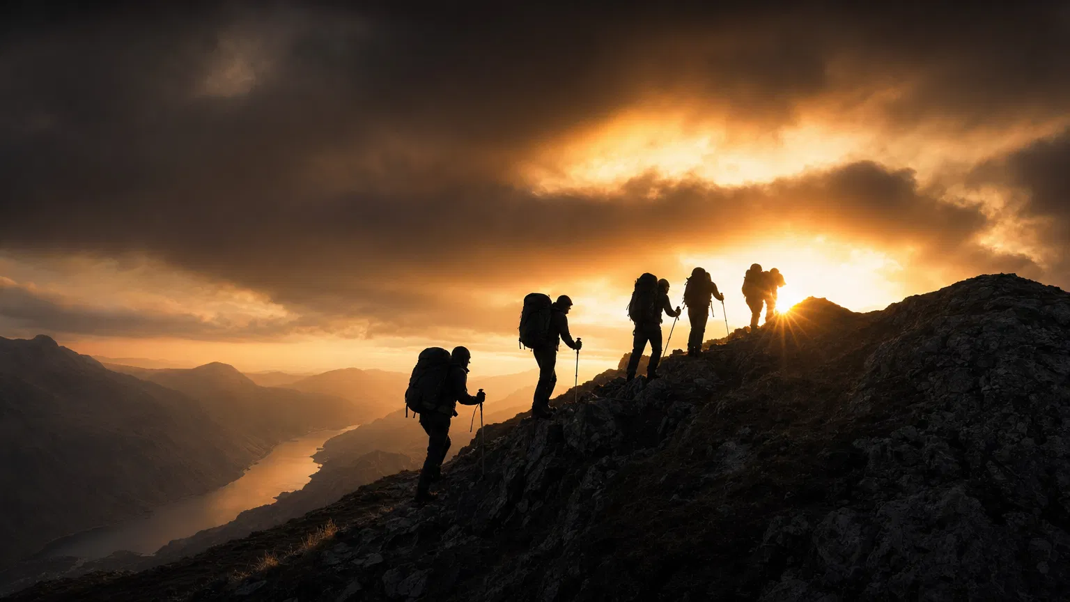 Expedition team ascending mountain ridge at dawn