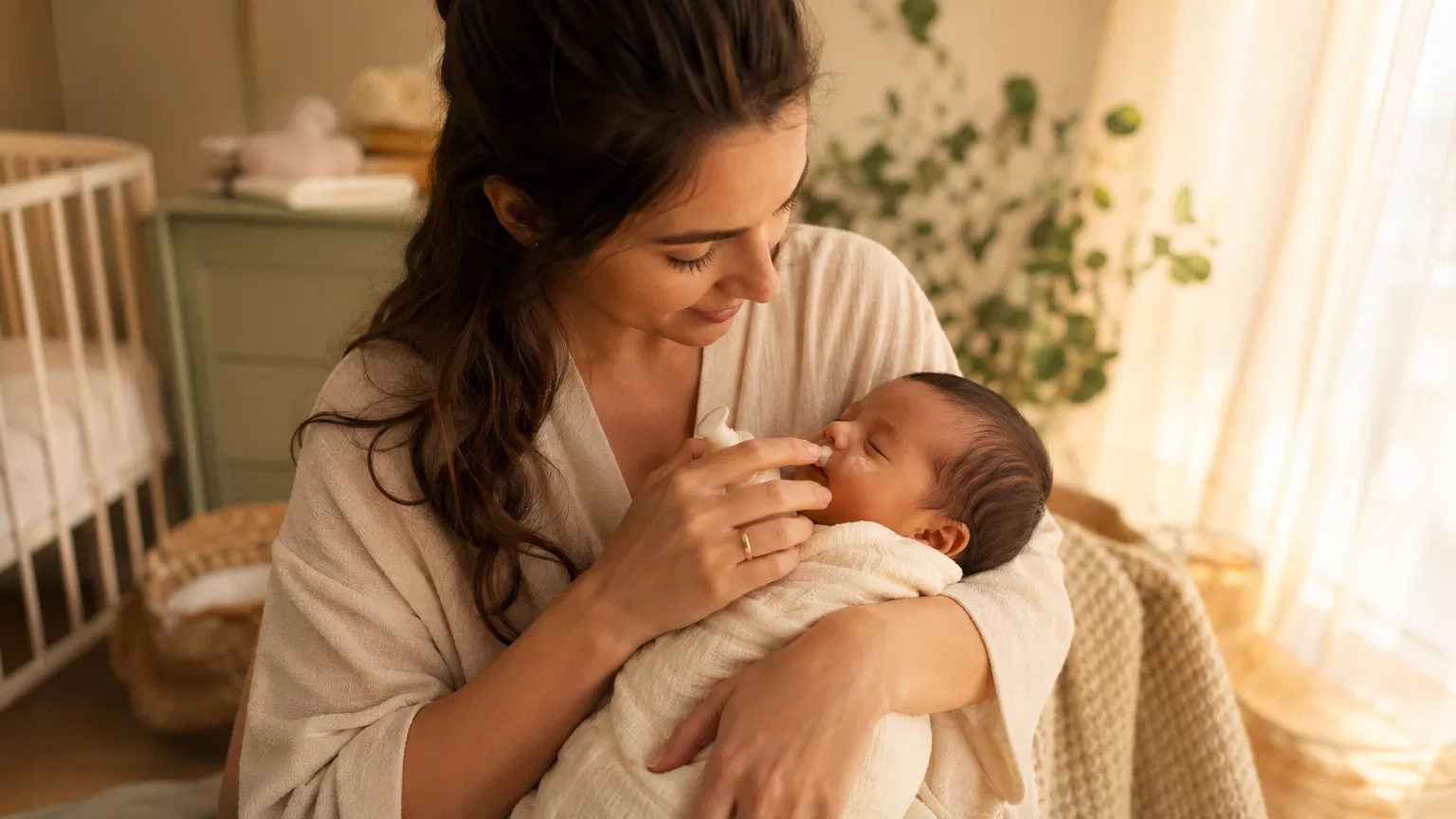Mother holding newborn baby naturally
