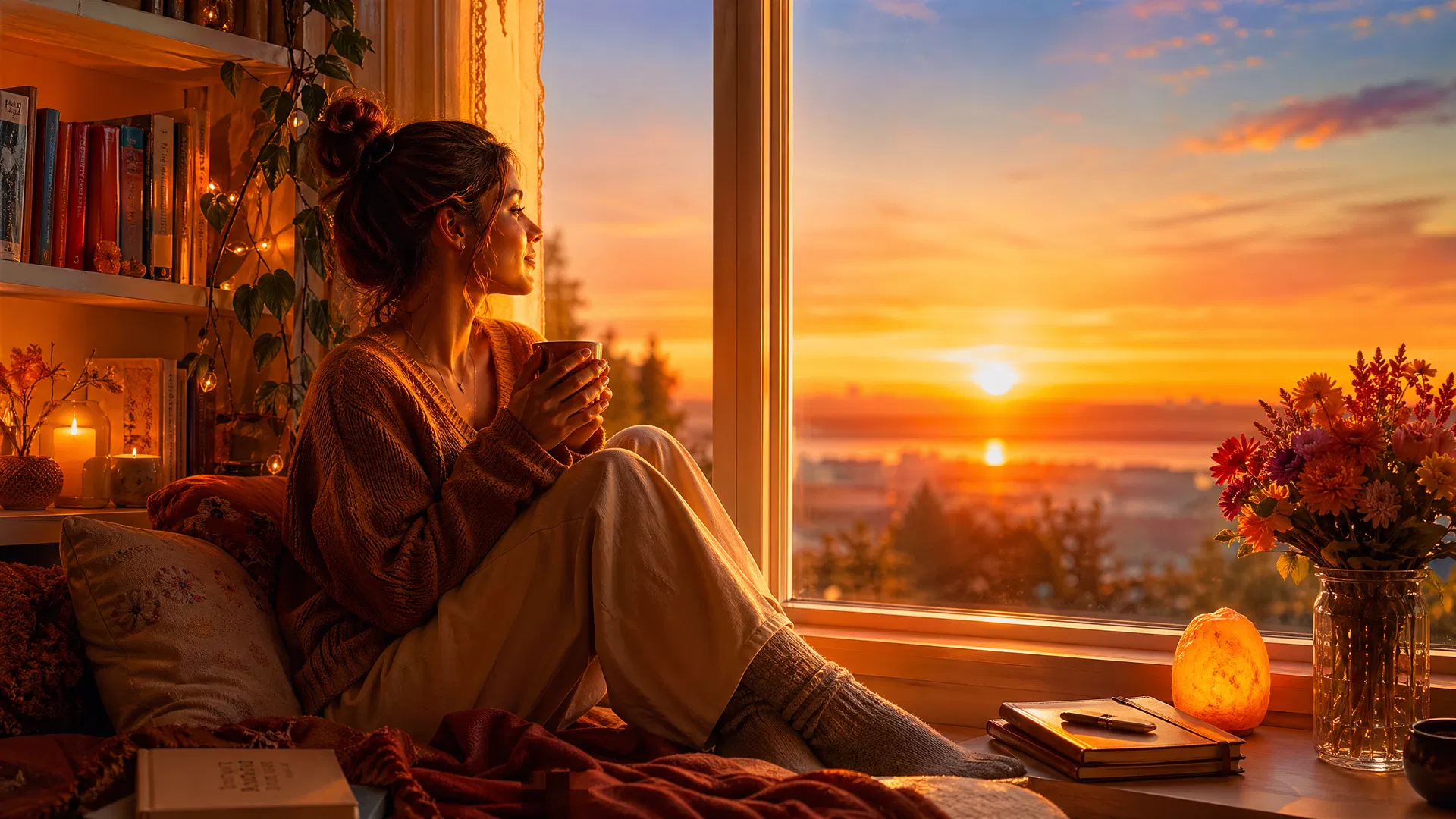 Peaceful evening scene with warm lighting