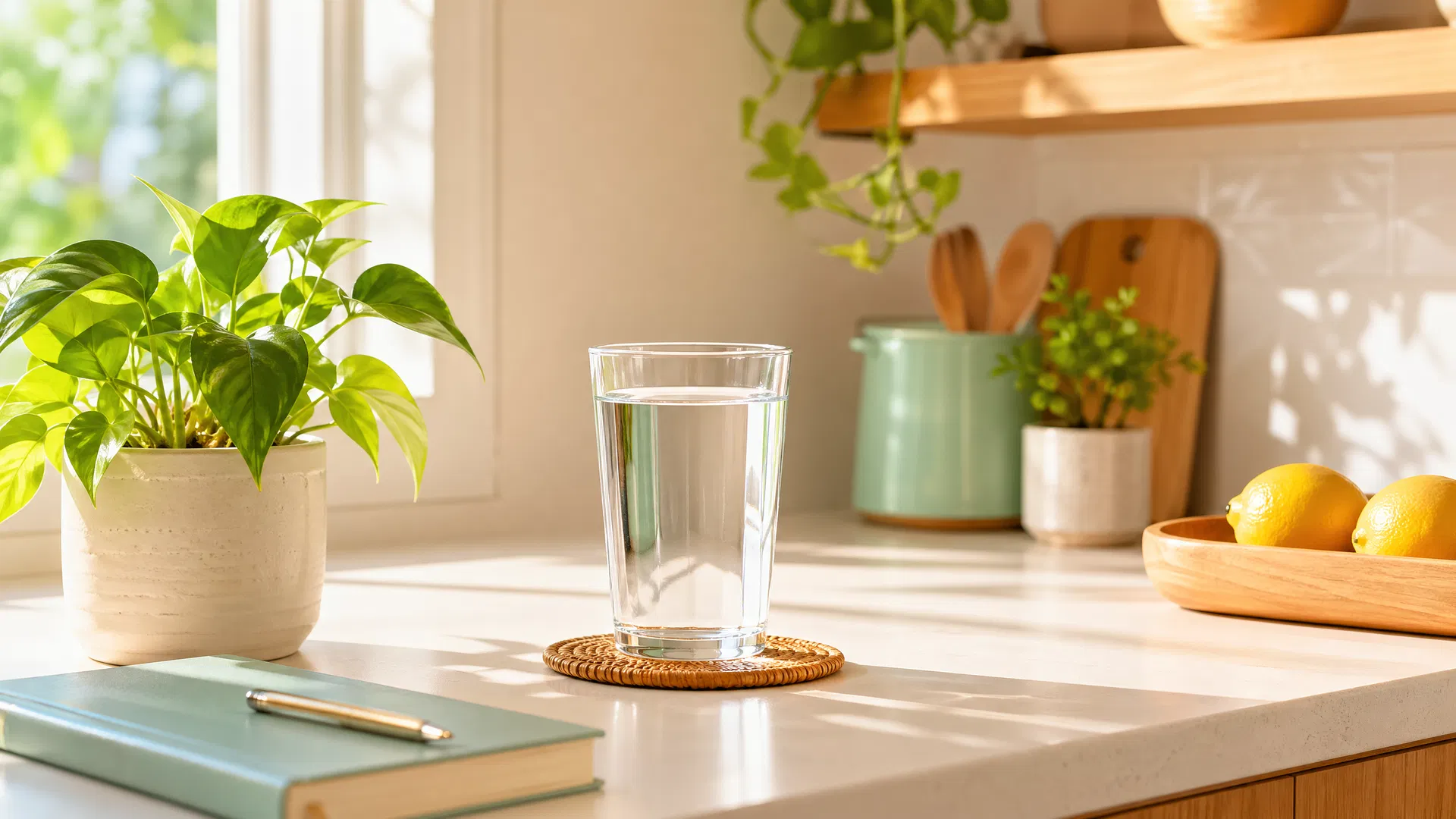 Minimalist counter with water and plants