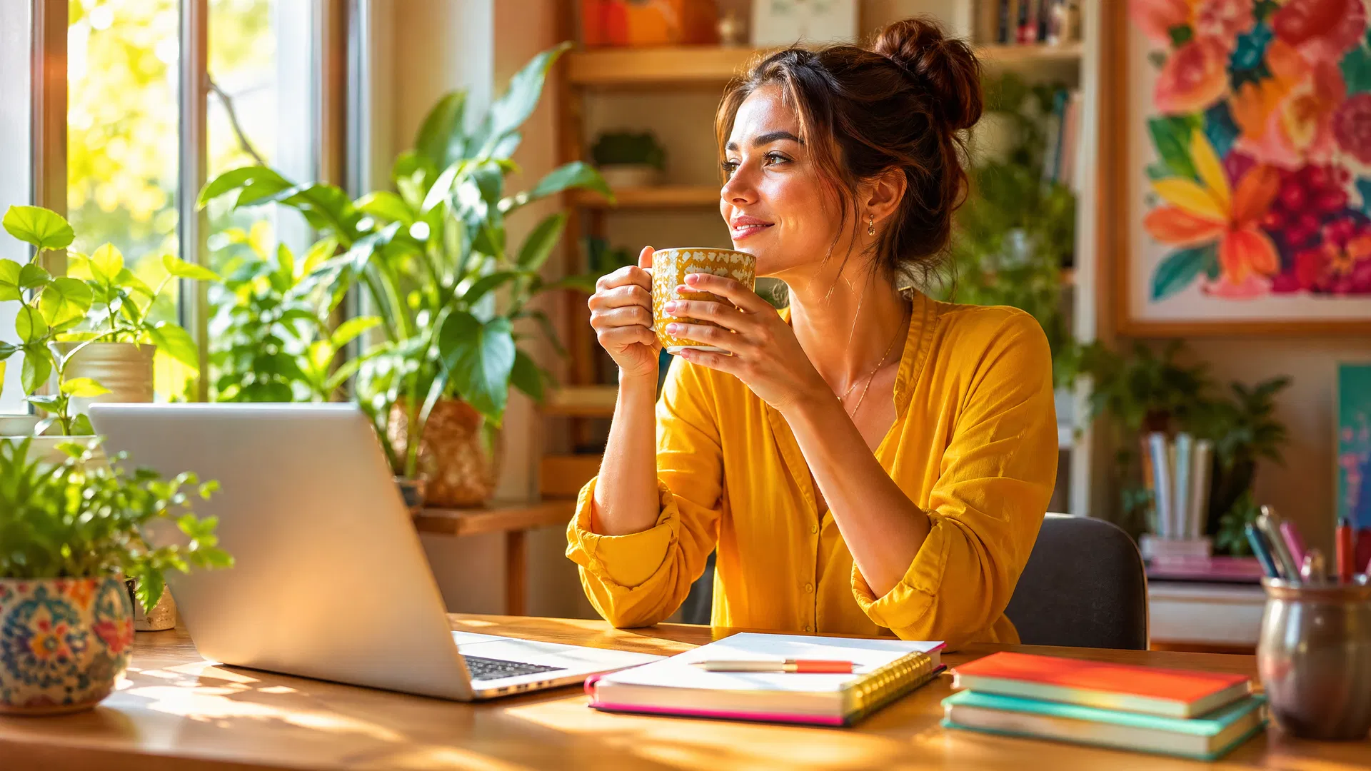 Woman at desk with tea in morning light