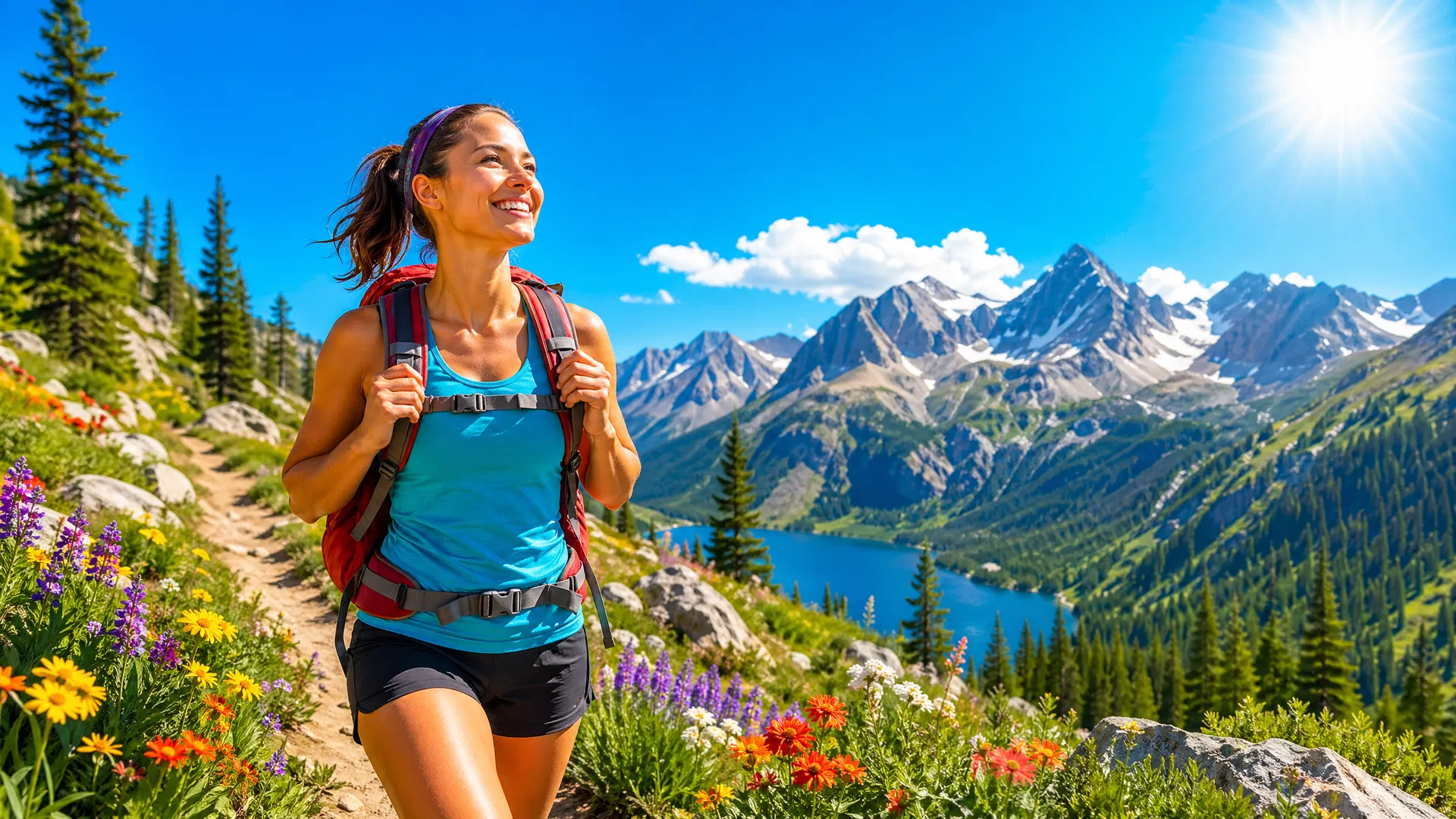 Person hiking outdoors with mountains