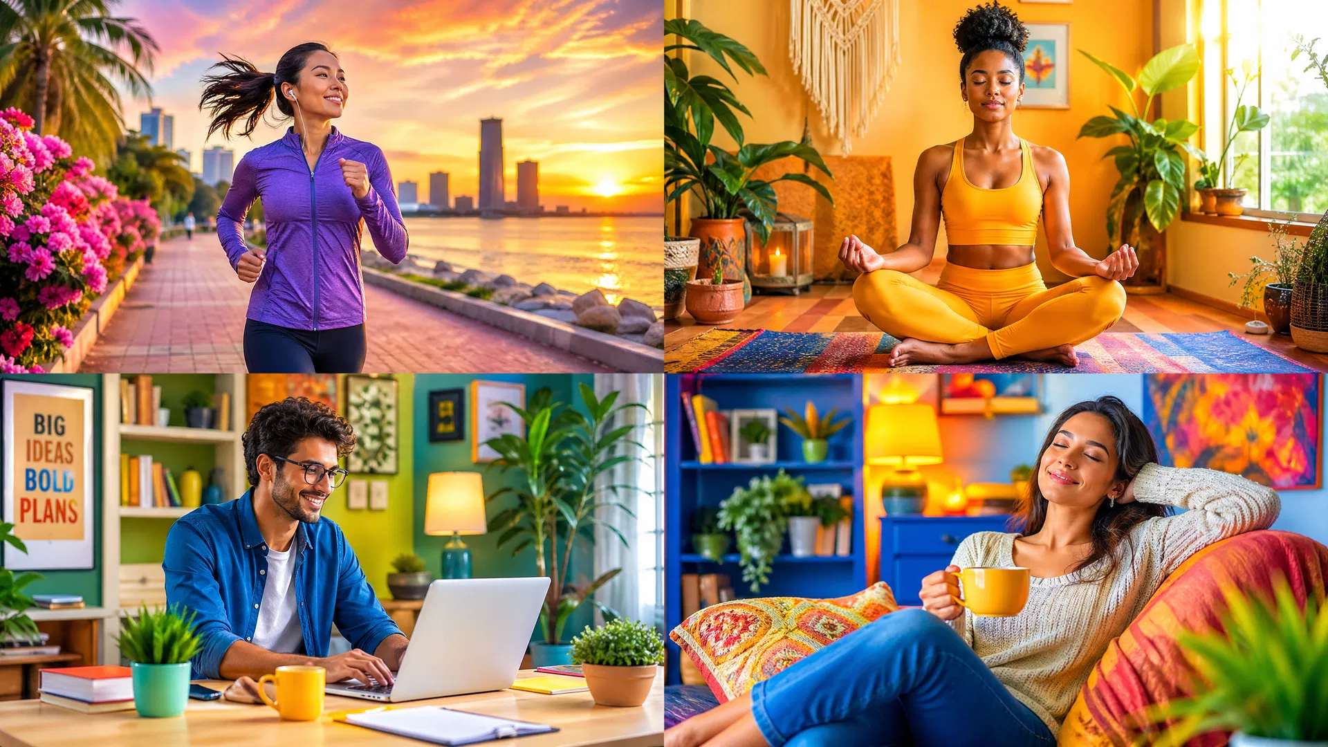 Diverse group in different wellness settings