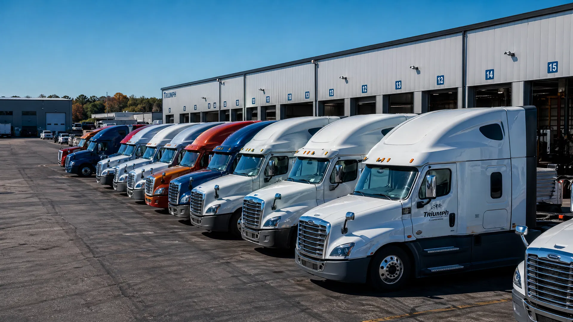 Fleet of semi trucks and trailers lined up for onsite preventive maintenance and fleet services in Polk County, Florida