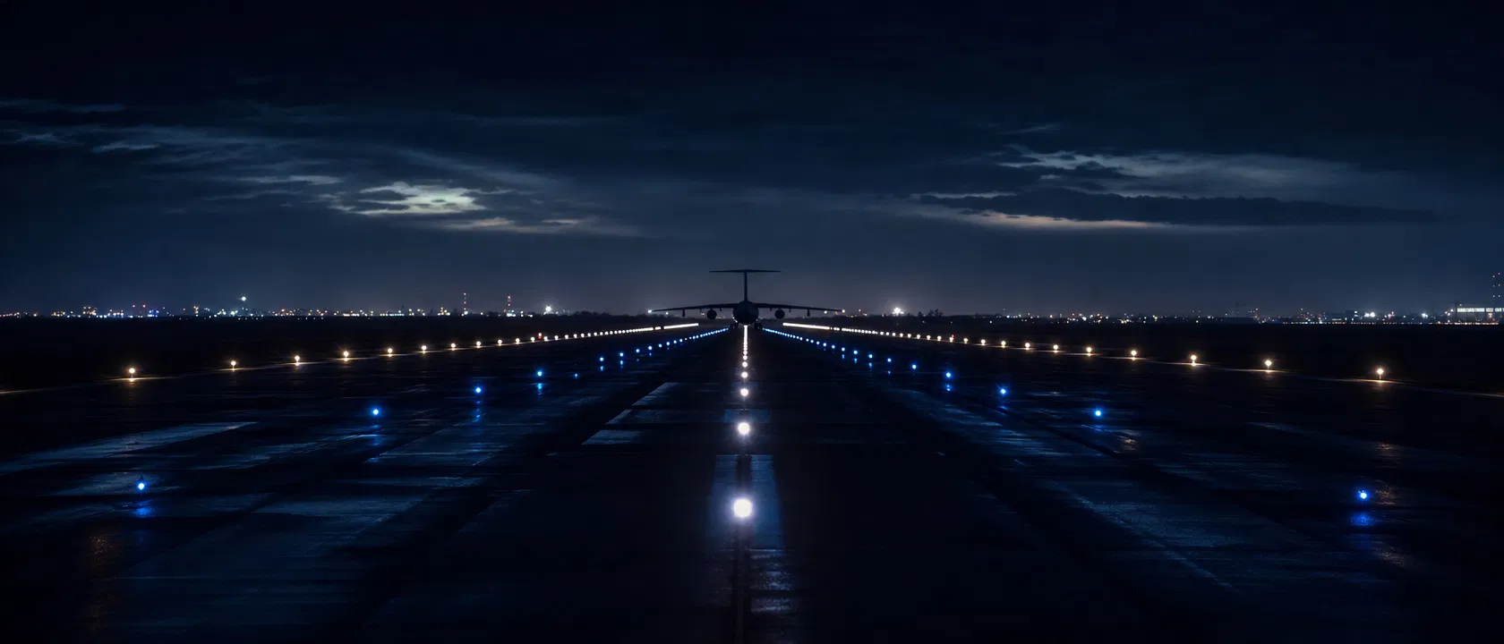Runway lights at night