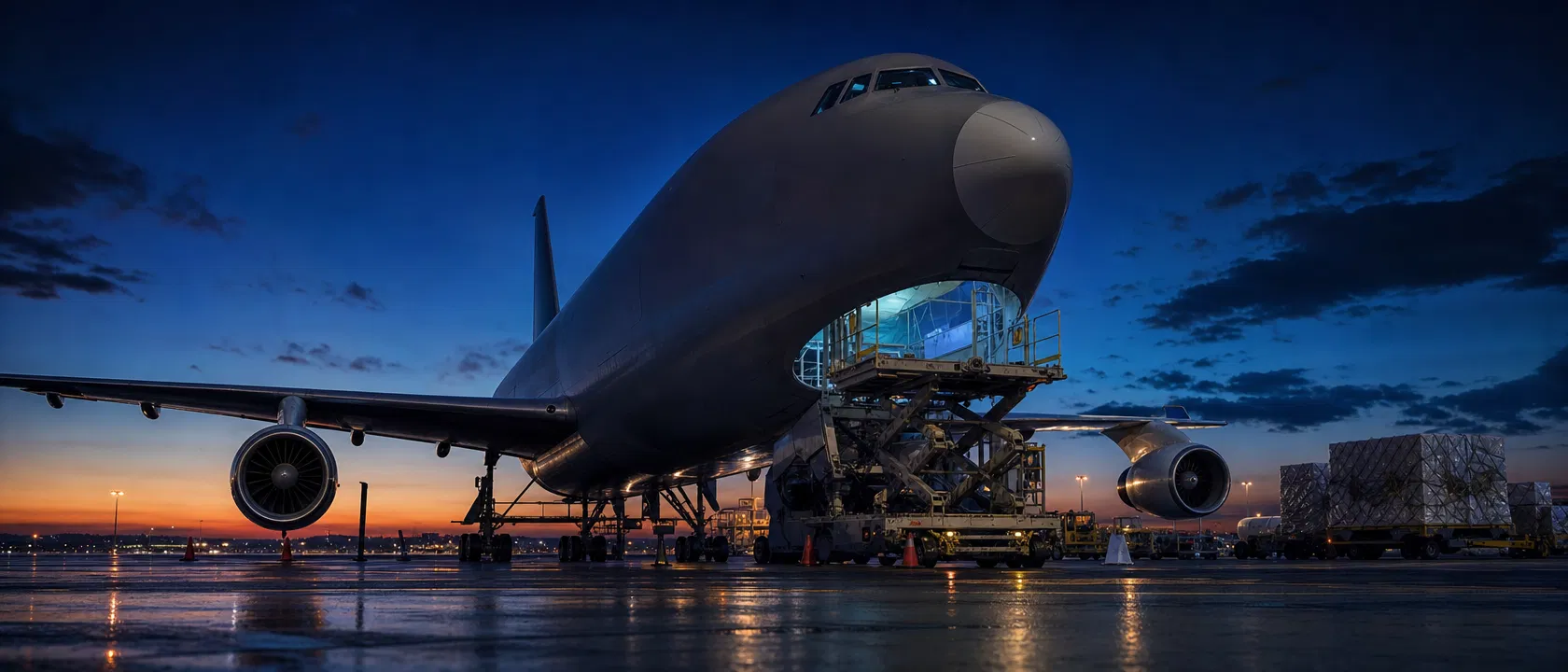 Cargo aircraft on tarmac at dusk