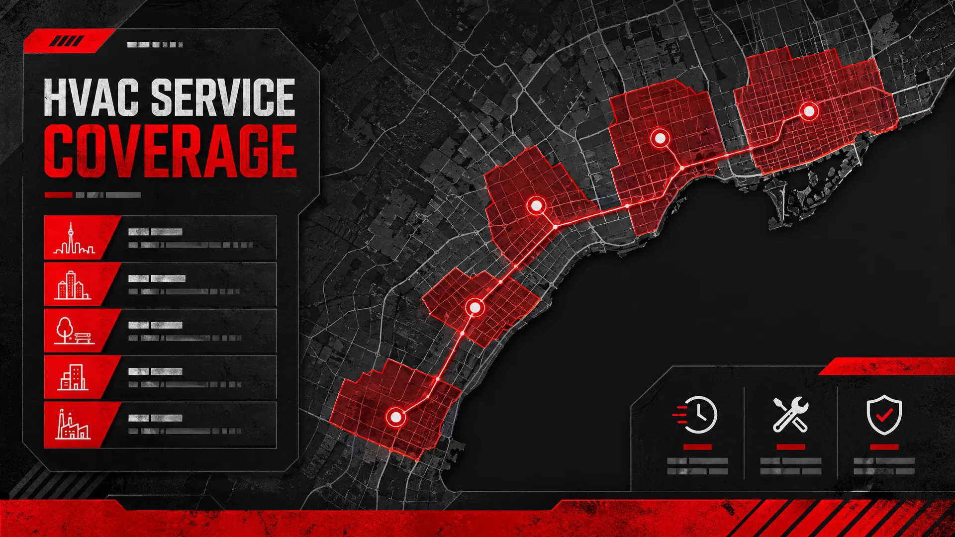 Map-style RedZone HVAC service coverage visual for Ontario GTA cities