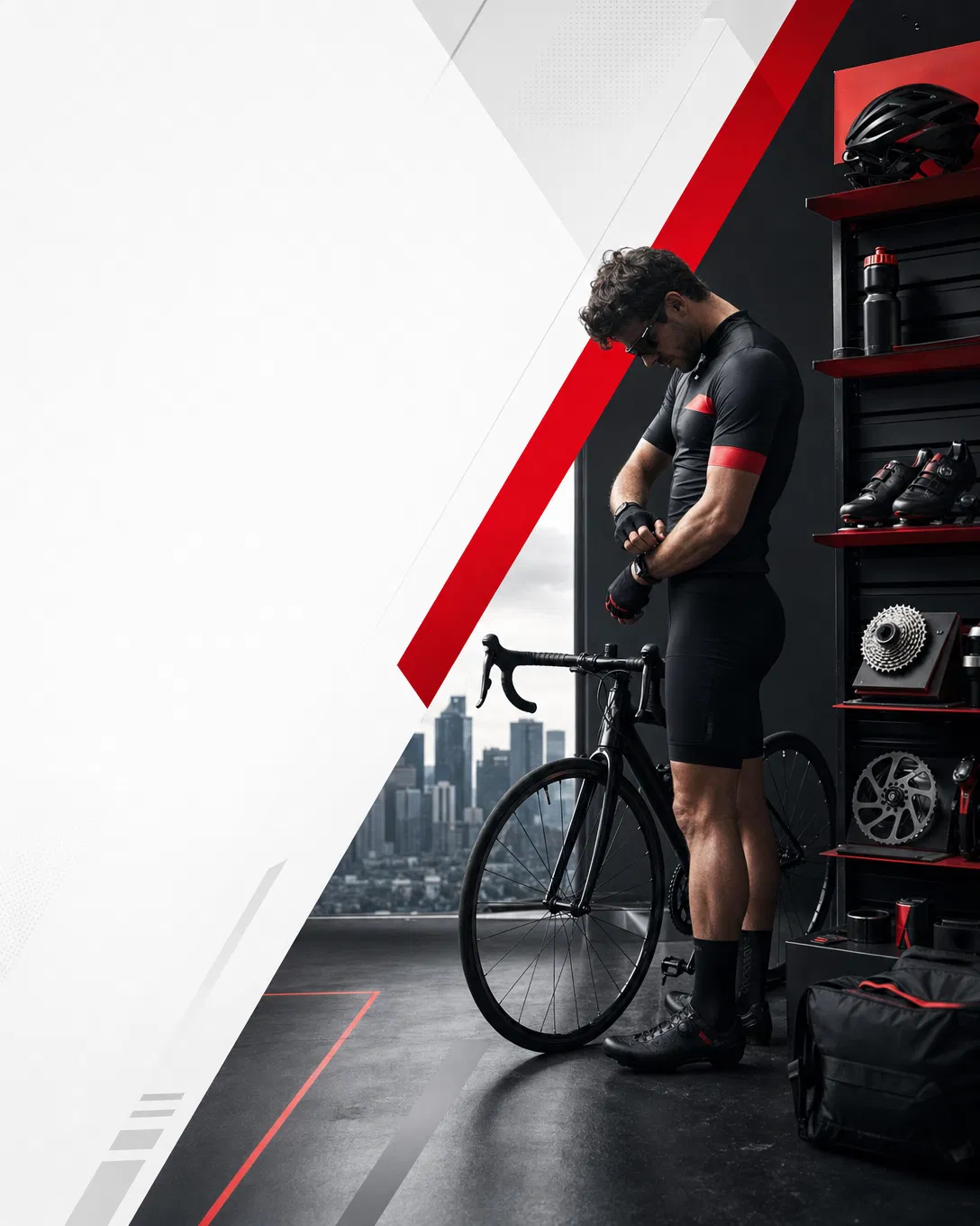 Cyclist preparing beside Bike Outlet accessories