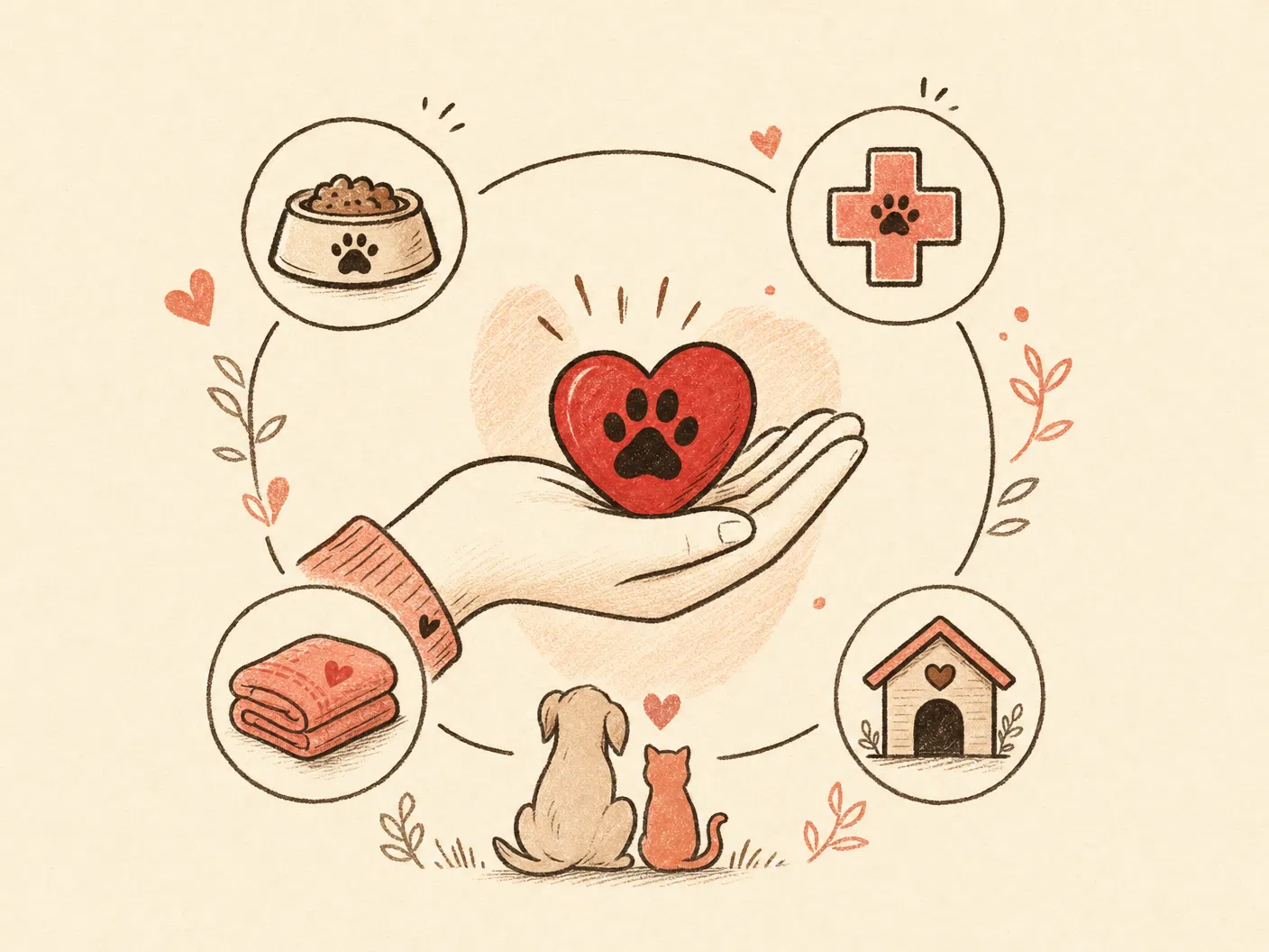 Ilustración de donación para comida, cuidado veterinario, mantas y refugio