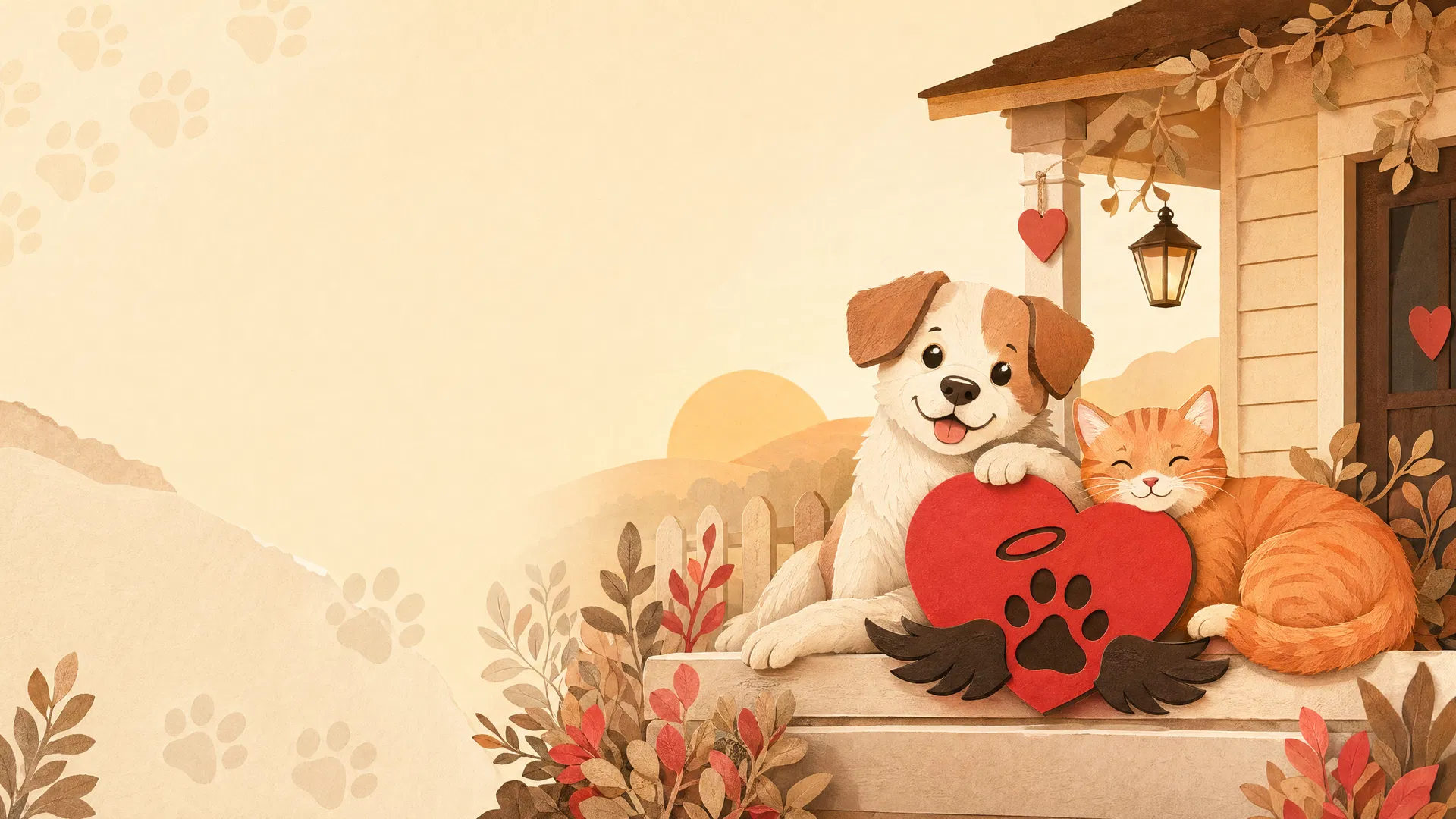 Ilustración cálida de perro y gato rescatados junto a un corazón