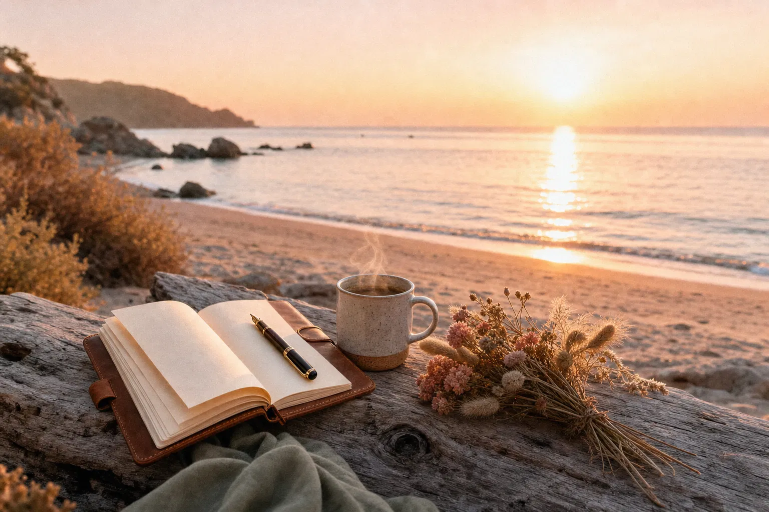 A leather journal, fountain pen and steaming mug rest on driftwood as the sun rises over the ocean.