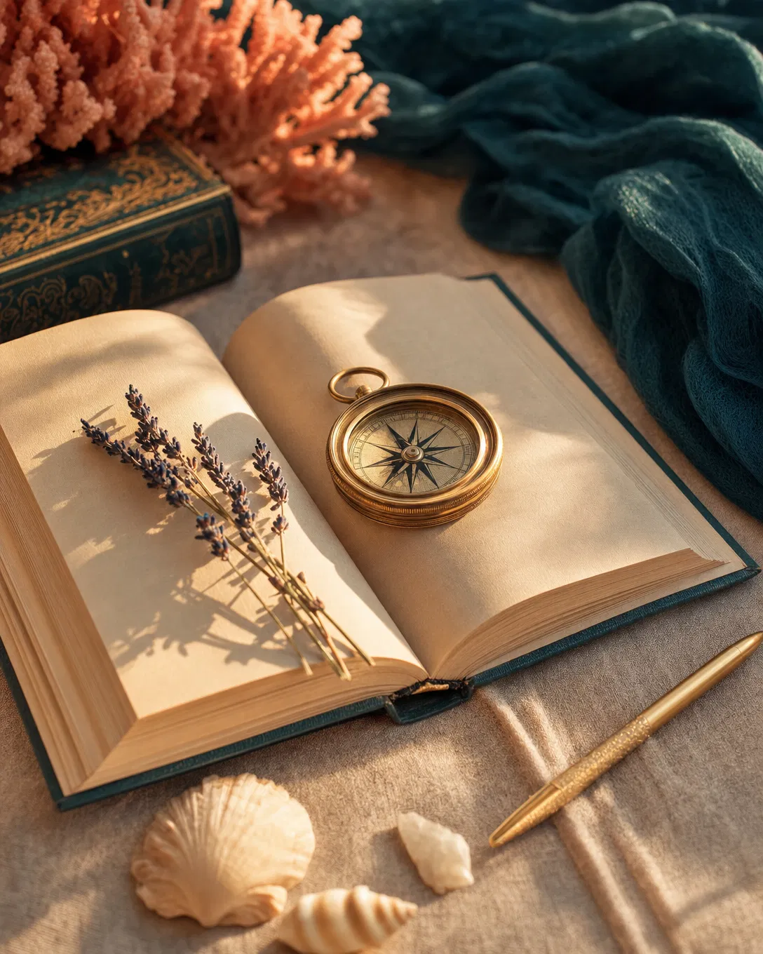An open vintage book with a brass compass, dried lavender and a gold pen in warm sunrise light.
