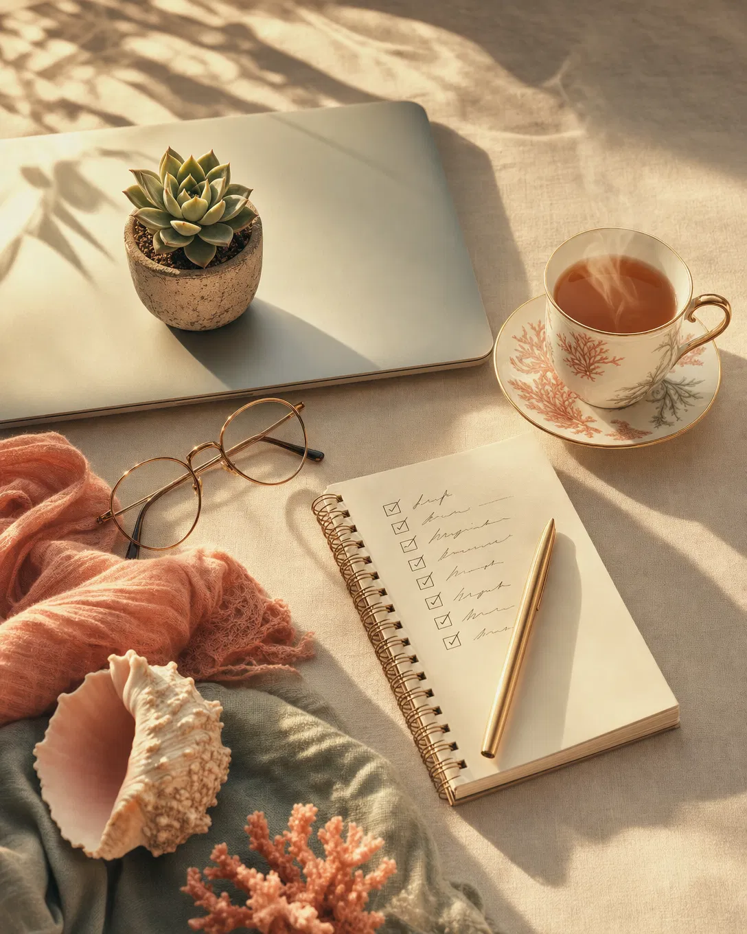 A flat-lay of a closed laptop, reading glasses, a hand-written checklist and a teacup in warm sunrise light.