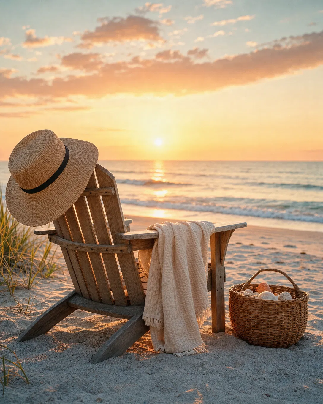 An empty wooden Adirondack chair with a straw hat facing the calm ocean at sunrise.