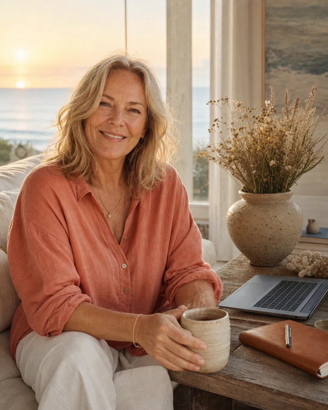Robyn Woodford, founder of Think Big and Win Today, in her sunlit beachside living room.
