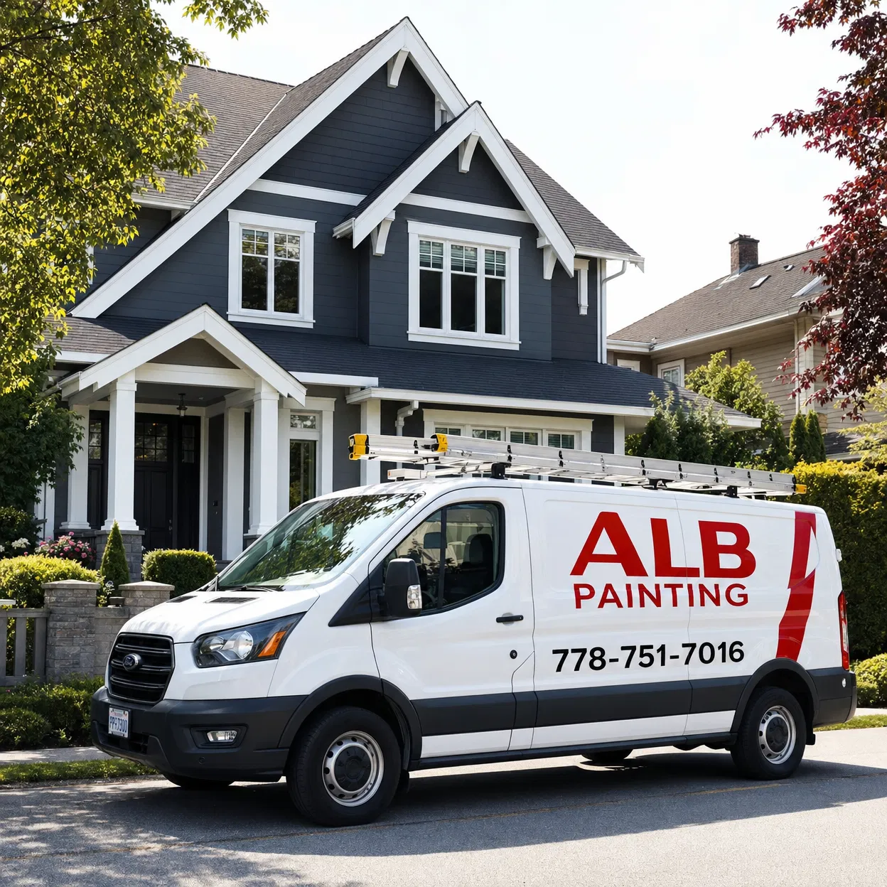 ALB Painting and Restoration service van with freshly painted house