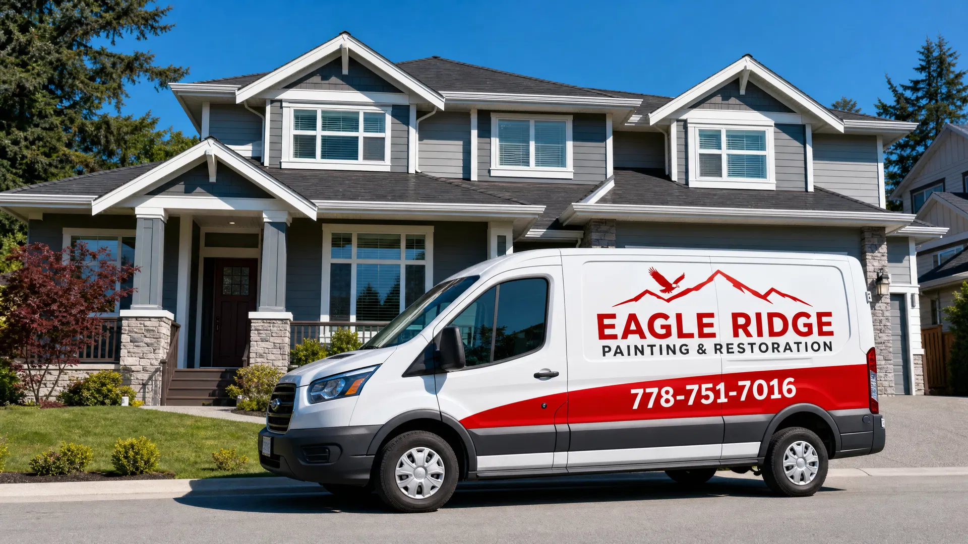 Eagle Ridge Painting and Restoration service van with freshly painted house