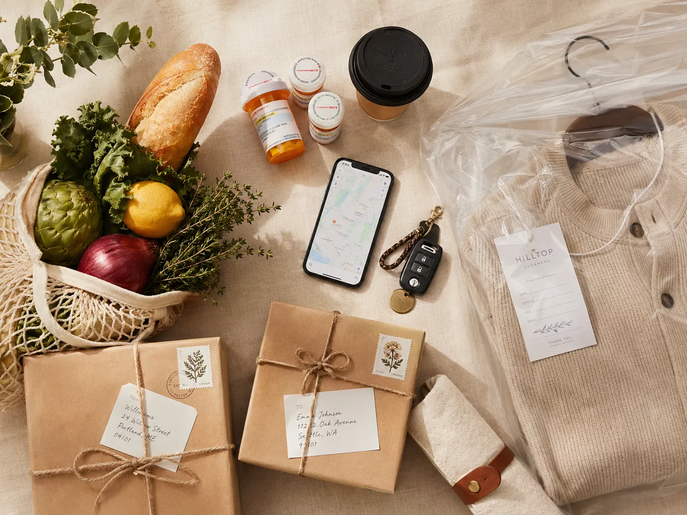 Errand items flat lay